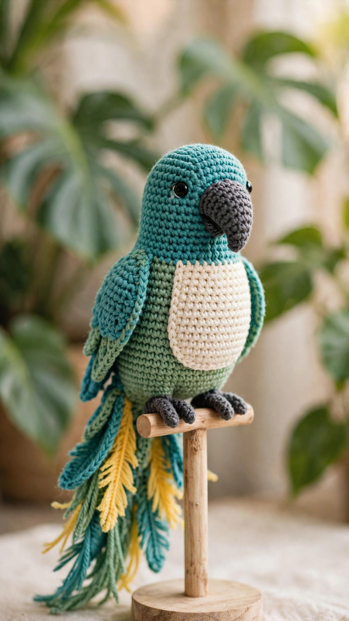 Crochet parrot perched on a wooden stand with tropical leaves, layered teal green and yellow tail feathers — free amigurumi parrot pattern