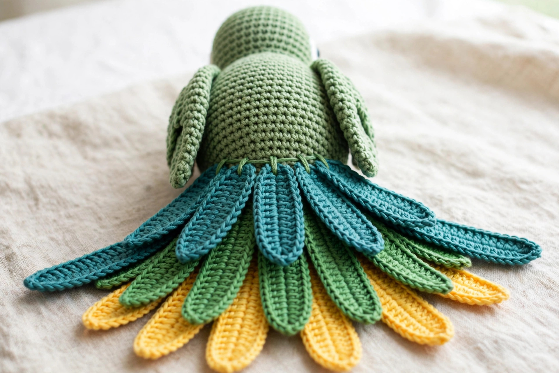 Layered crochet tail feathers in teal, green and yellow fanned on the back of the parrot