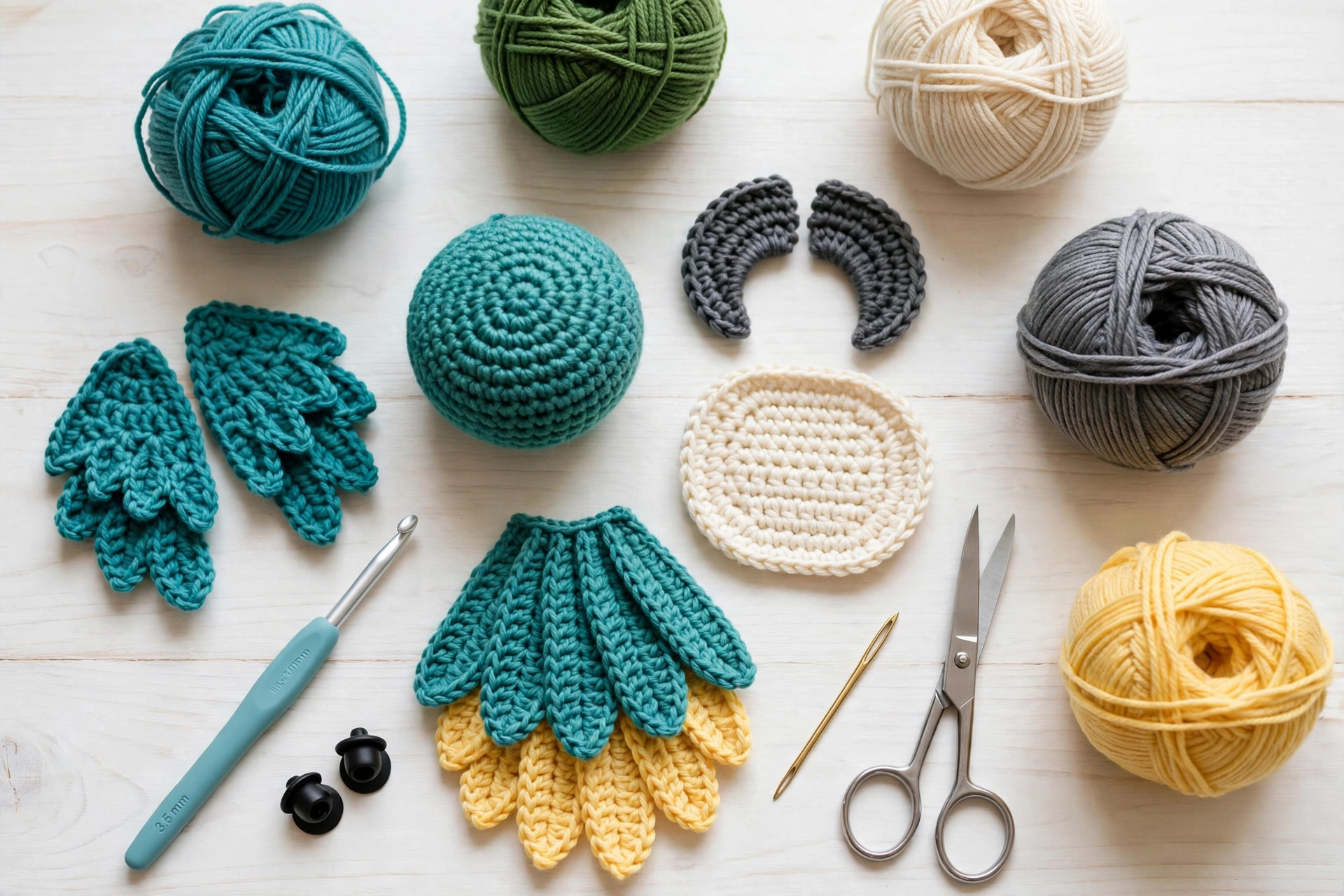 Flat lay of crochet parrot pieces with yarn balls, crochet hook, safety eyes and tapestry needle