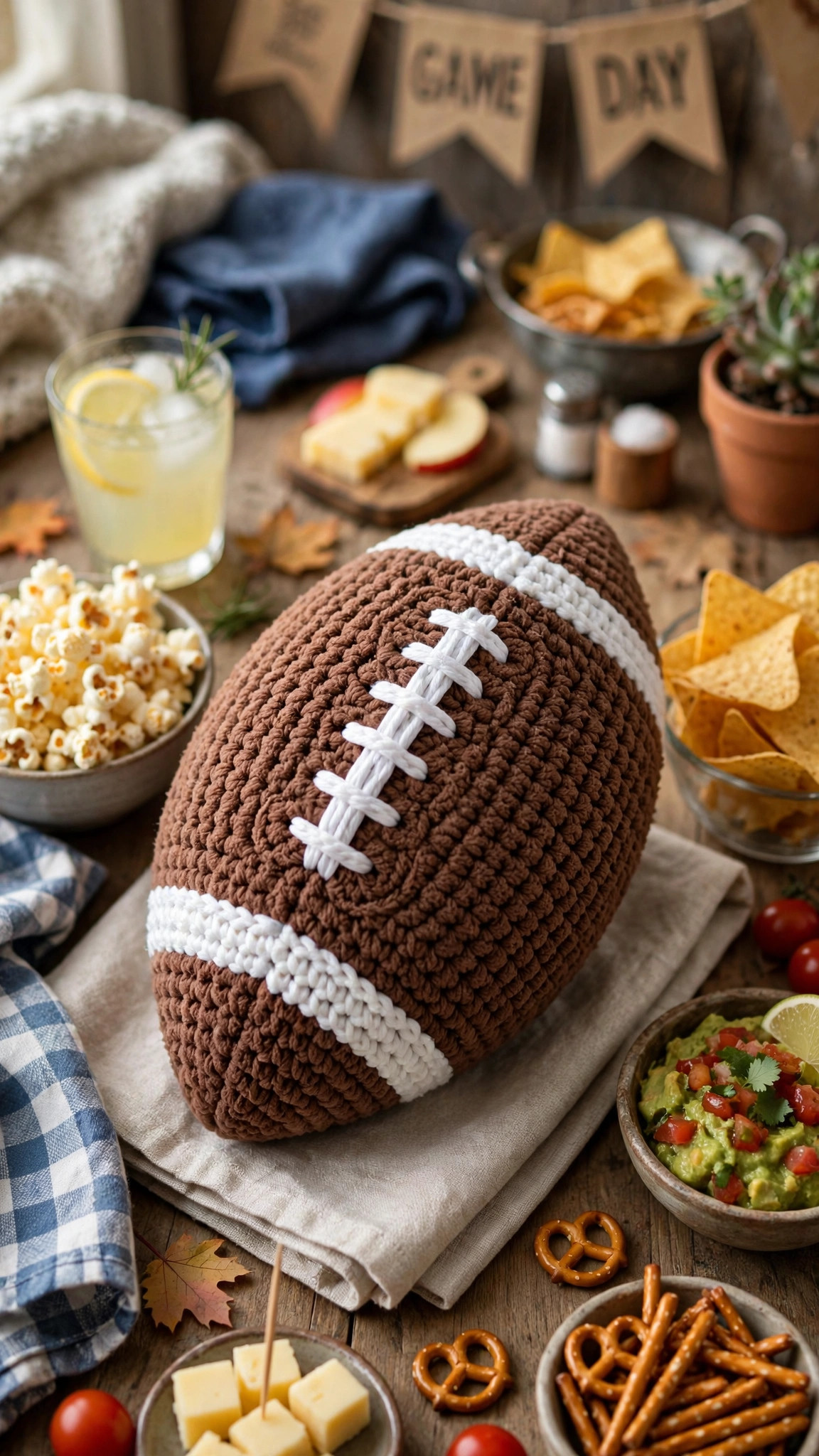 Free crochet pattern for football, handmade crocheted brown football plush with white laces on a game day table