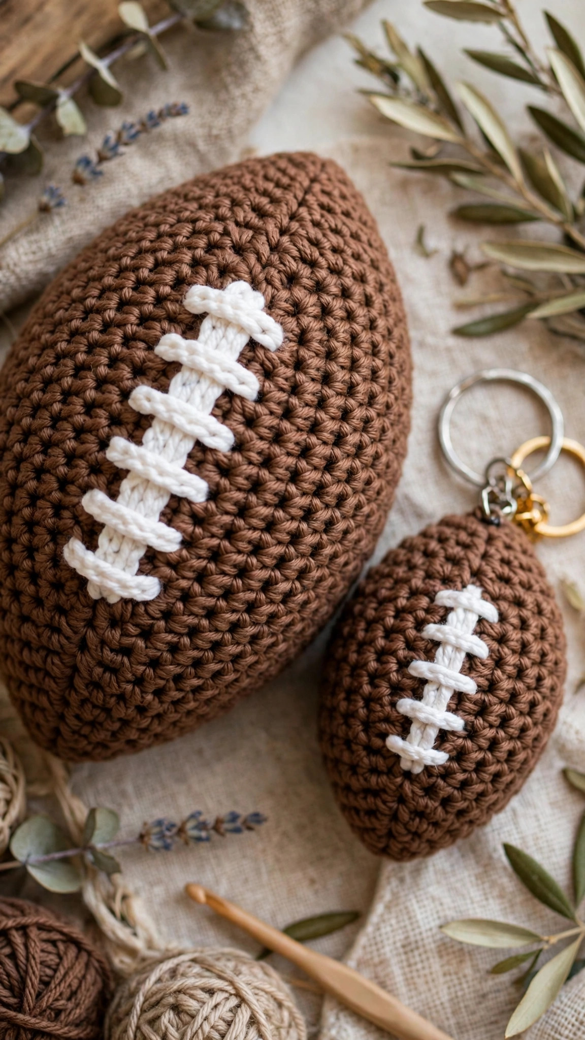Handmade crocheted brown football plush next to a mini keychain-size crocheted football, free crochet football pattern in two sizes