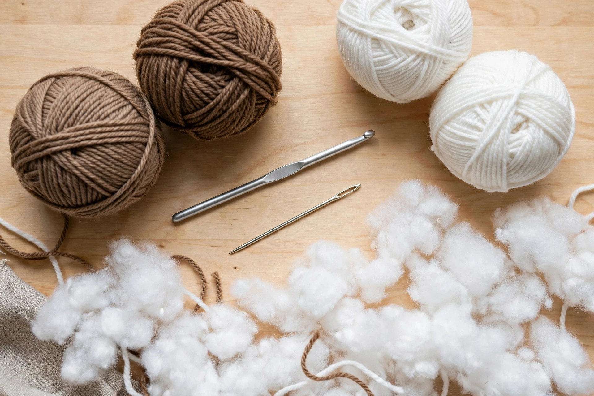 Flat lay of brown and white yarn balls, a crochet hook, a tapestry needle and white polyester stuffing for a crochet football pattern