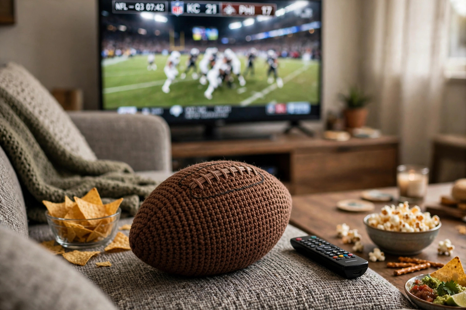 Finished crocheted brown football plush on a couch with game day snacks, crochet football pattern lifestyle