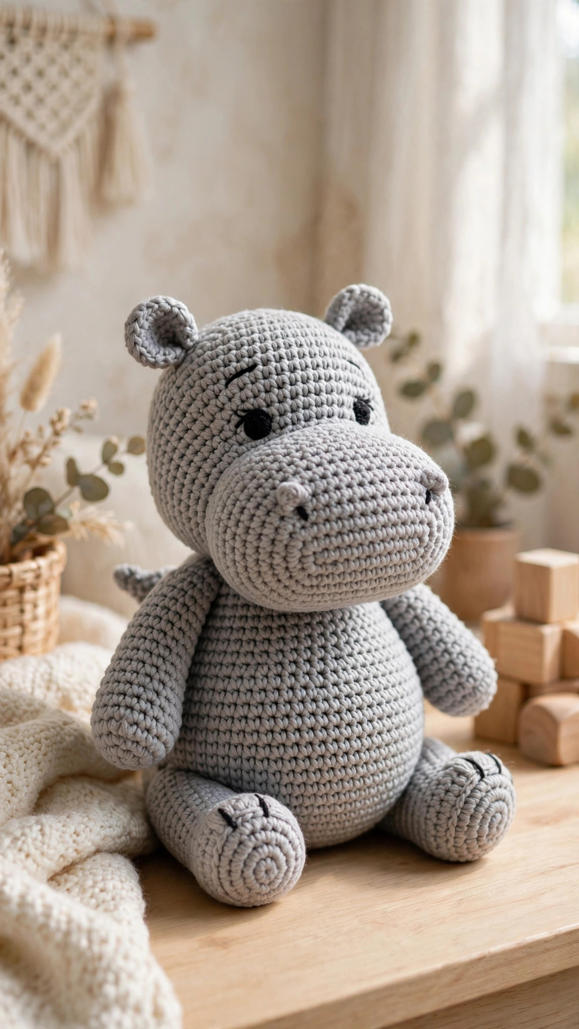 Chubby crochet hippo amigurumi in soft grey yarn, free crochet pattern hippo finished toy in a cosy nursery