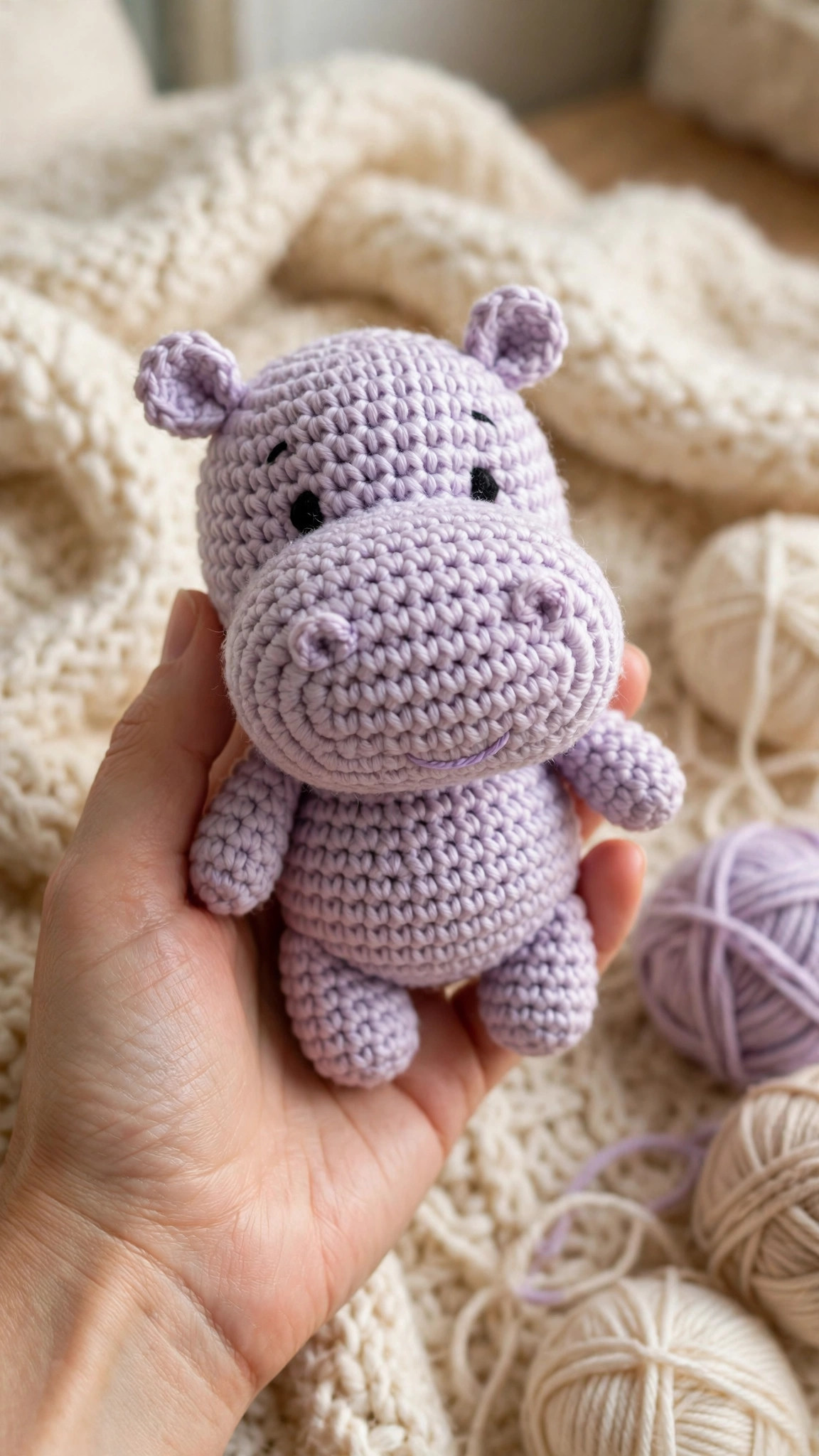 Lavender crochet hippo amigurumi held against a cream blanket with yarn nearby, free crochet pattern hippo colour idea