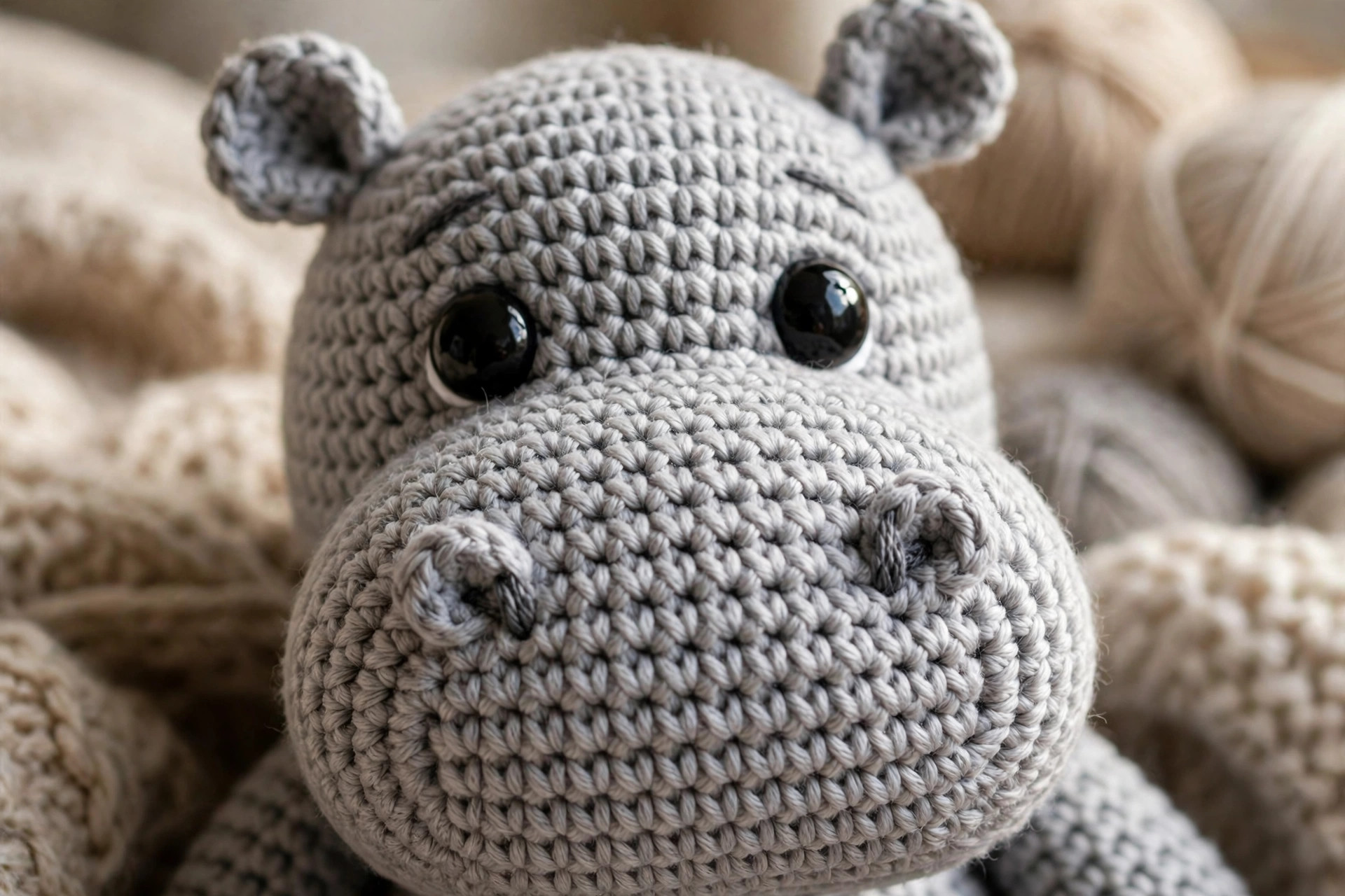 Close-up of a crochet hippo face showing the big rounded muzzle, embroidered nostrils and safety eyes
