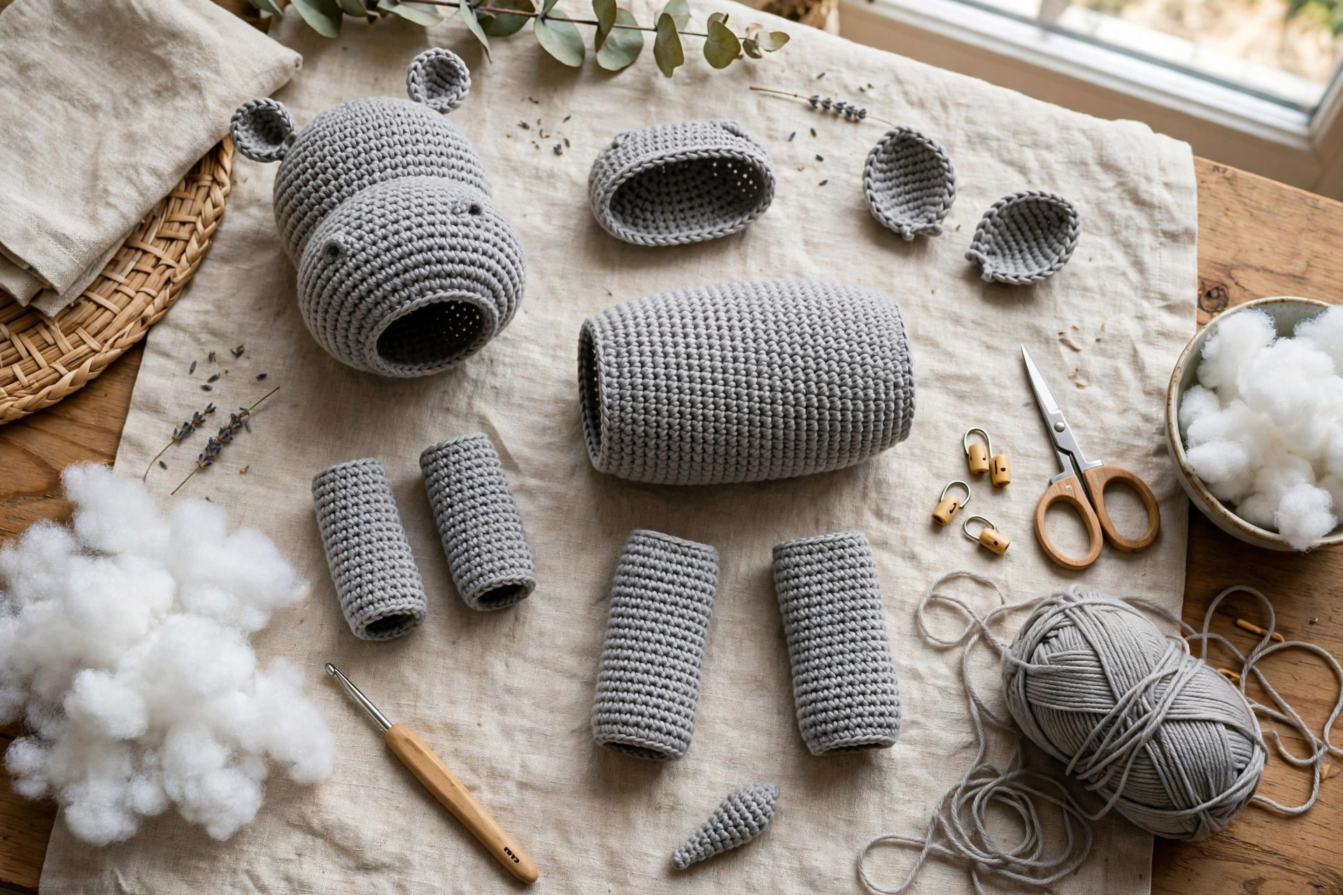 Crochet hippo pieces laid out ready for assembly including head, body, muzzle, ears, arms and legs