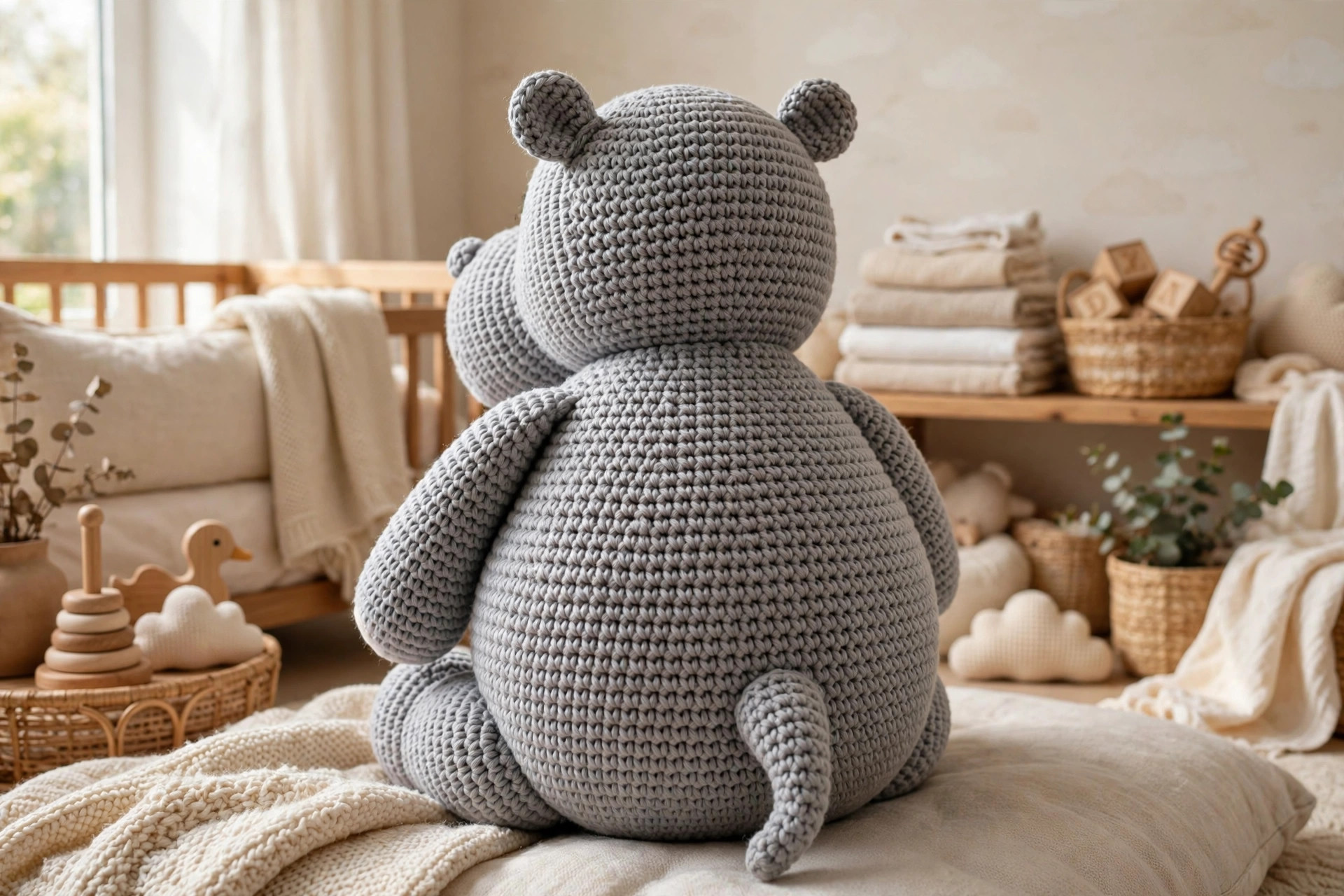 Back view of a finished crochet hippo toy showing the rounded body and tiny stubby tail