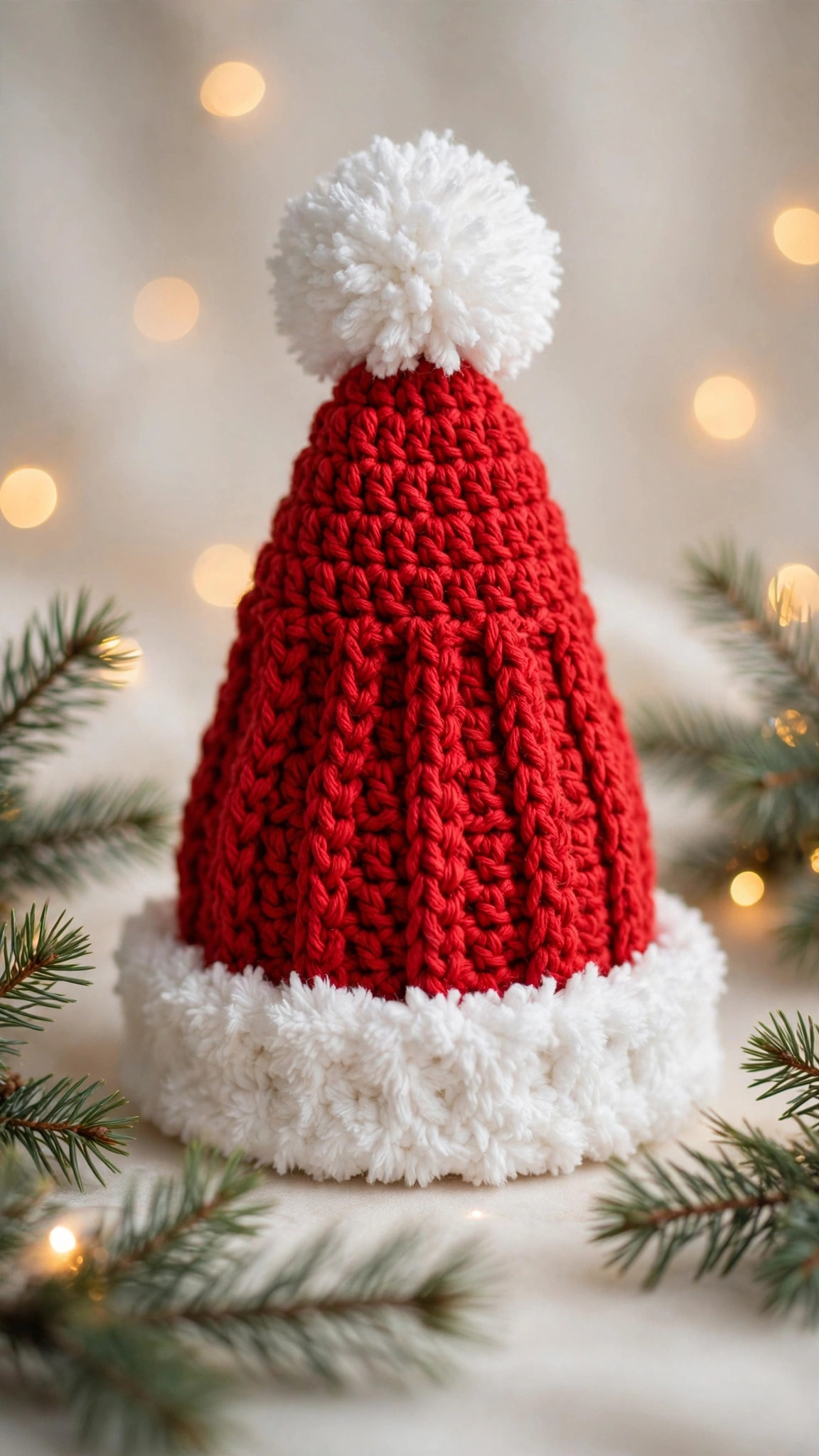 Free crochet Santa hat pattern: handmade red crocheted Santa hat with fluffy white brim and pom pom