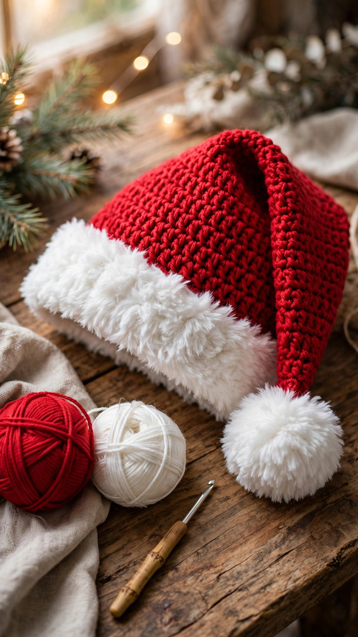 A handmade crocheted red Santa hat with white brim and pom pom laid on a wooden table next to balls of red and white yarn and a crochet hook, free crochet Santa hat pattern