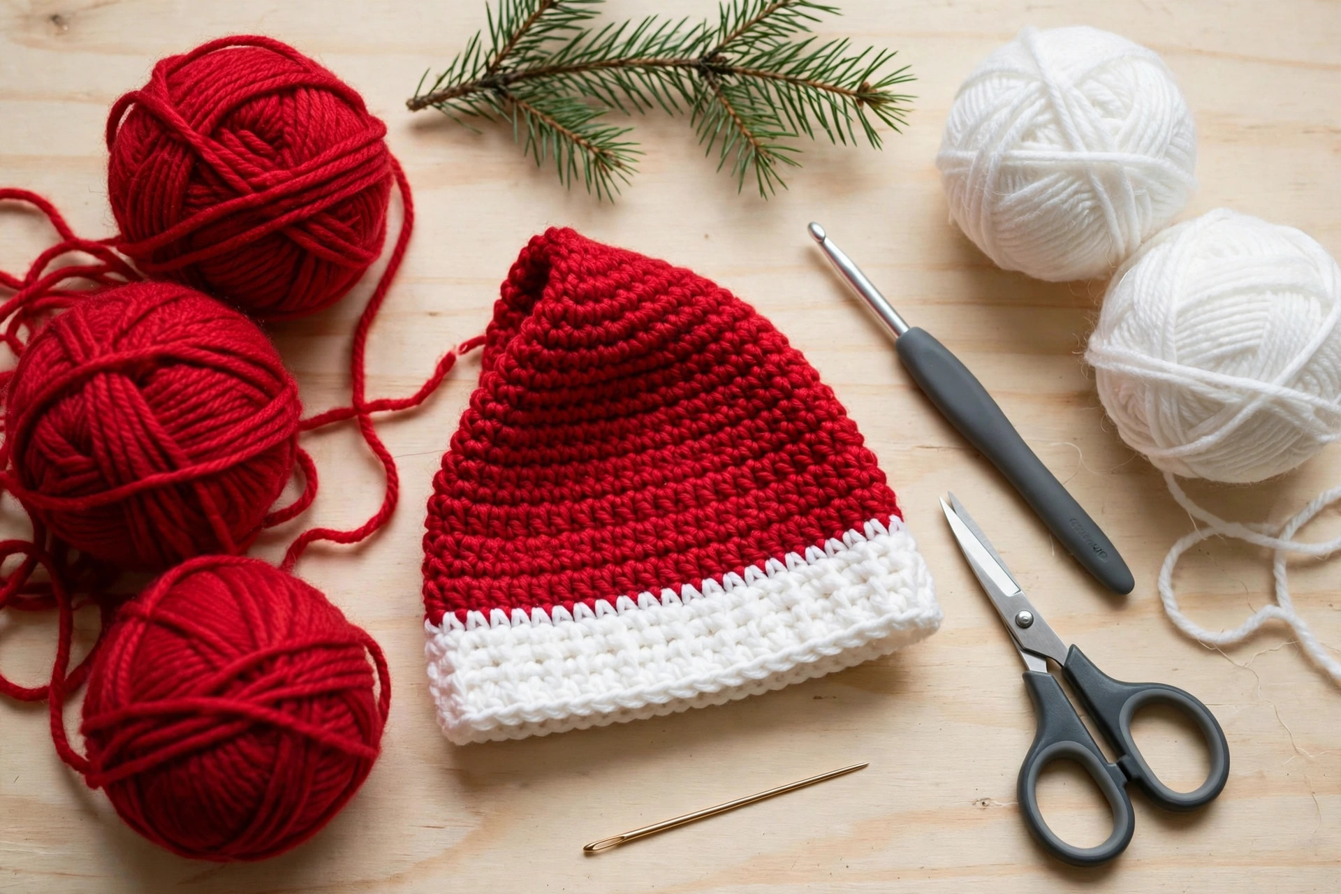 Flat lay of red and white yarn balls, a 5.0 mm crochet hook, a tapestry needle and scissors with a small pine sprig, supplies for the free crochet Santa hat pattern