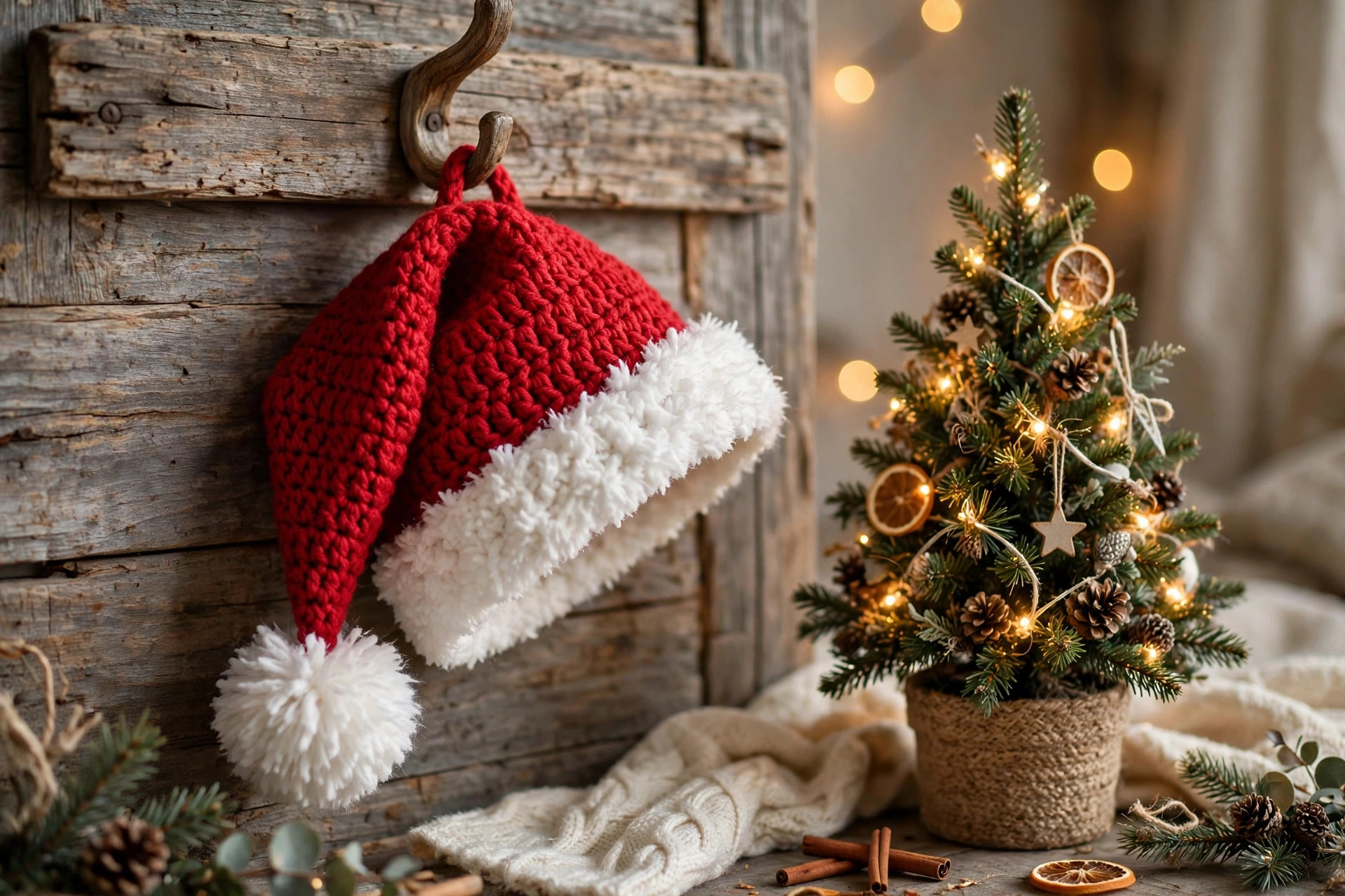 A finished handmade crocheted red Santa hat with white brim and pom pom hanging on a rustic wooden wall hook beside a small decorated Christmas tree with warm fairy lights, free crochet Santa hat pattern