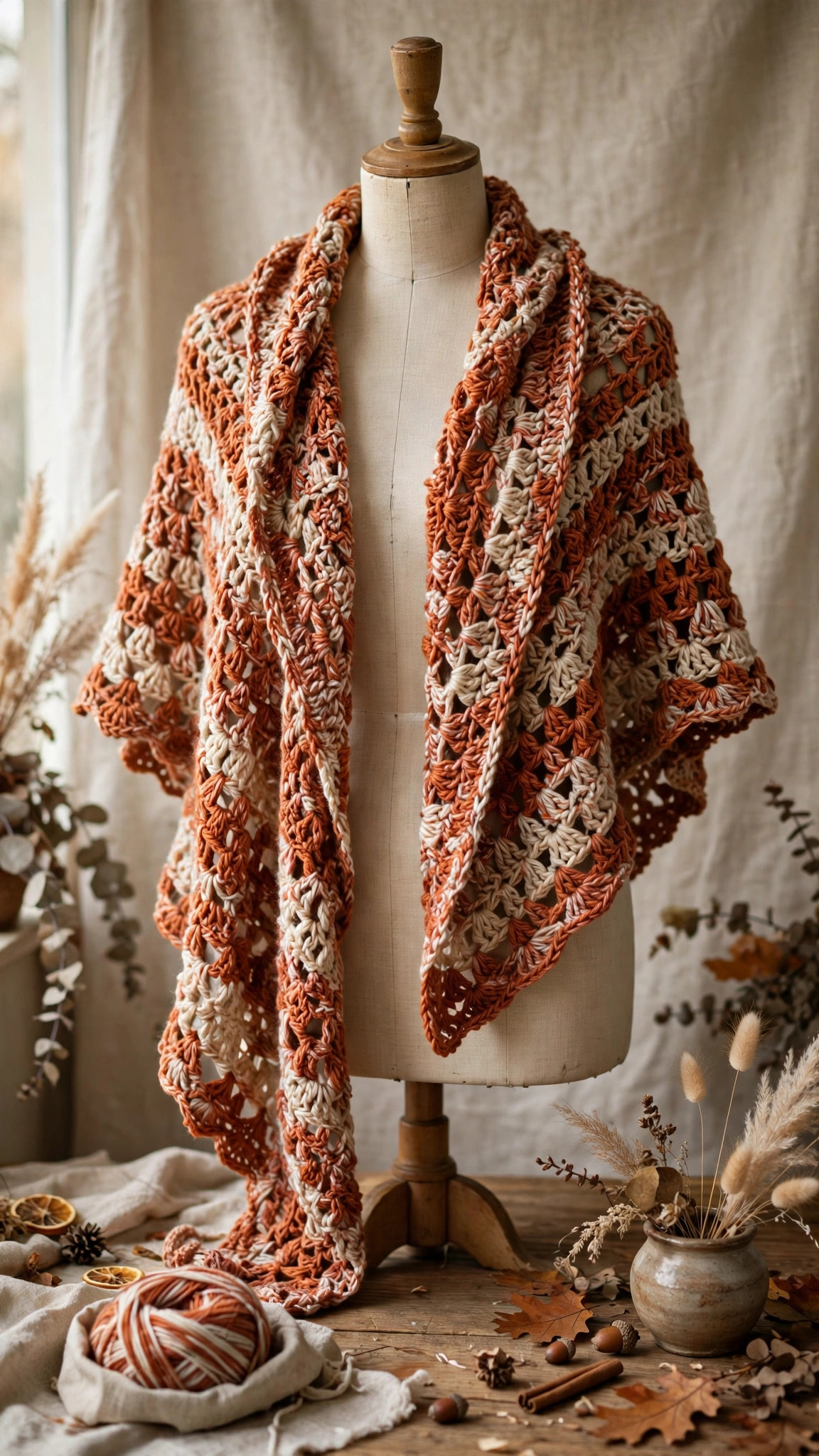 Free crochet ruana pattern — terracotta ruana wrap with open front panels draped on a dress form, textured two-row repeat stitch