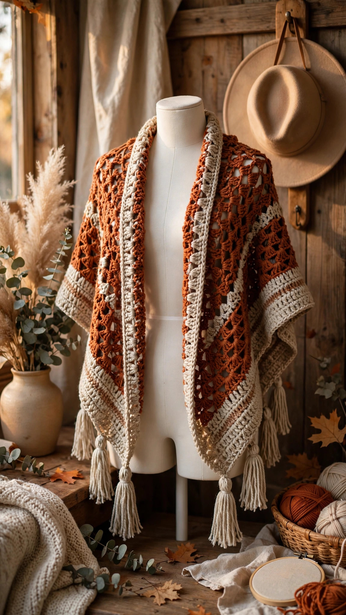 Free crochet ruana pattern — terracotta and cream ruana wrap draped on a dress form showing open front panels and textured drape