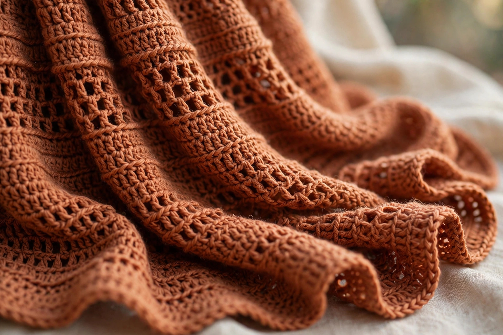 Close-up of crochet ruana stitch detail showing alternating solid double crochet rows and open mesh rows with soft drape