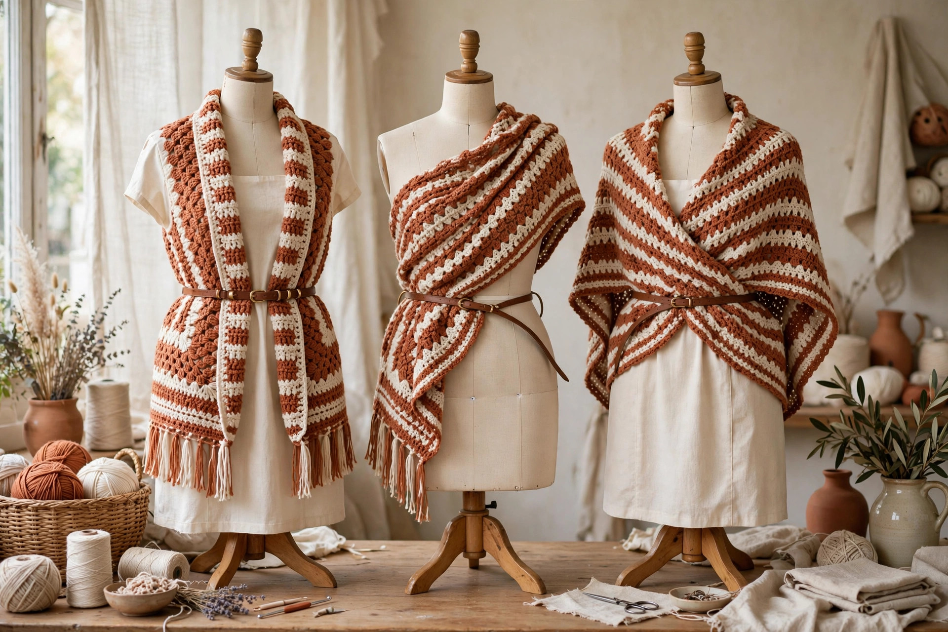 Crochet ruana styled and belted on a dress form over a cream dress showing how to wear the wrap