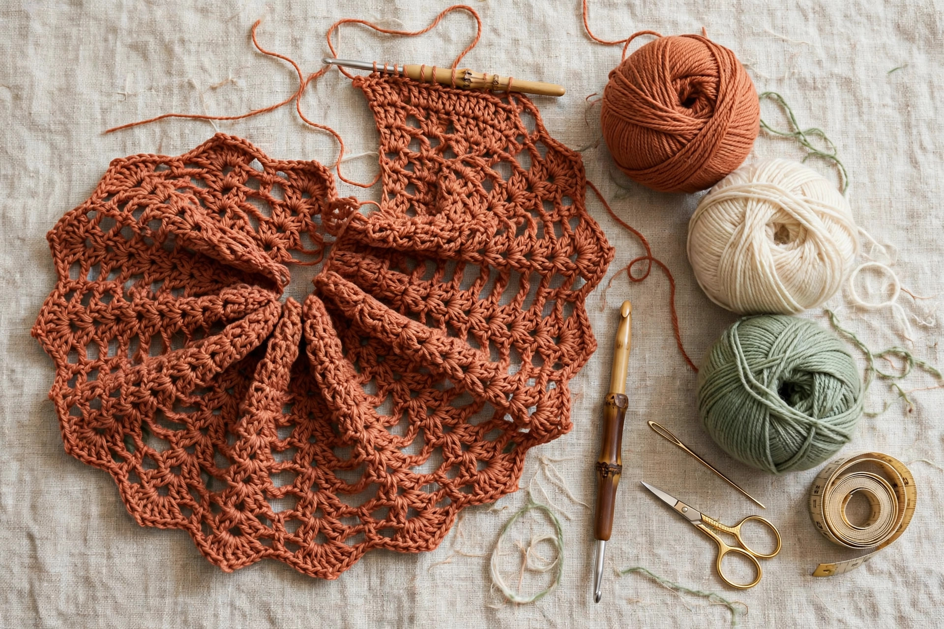 Flat lay of a crochet ruana in progress with terracotta and cream yarn balls, crochet hook, scissors and measuring tape