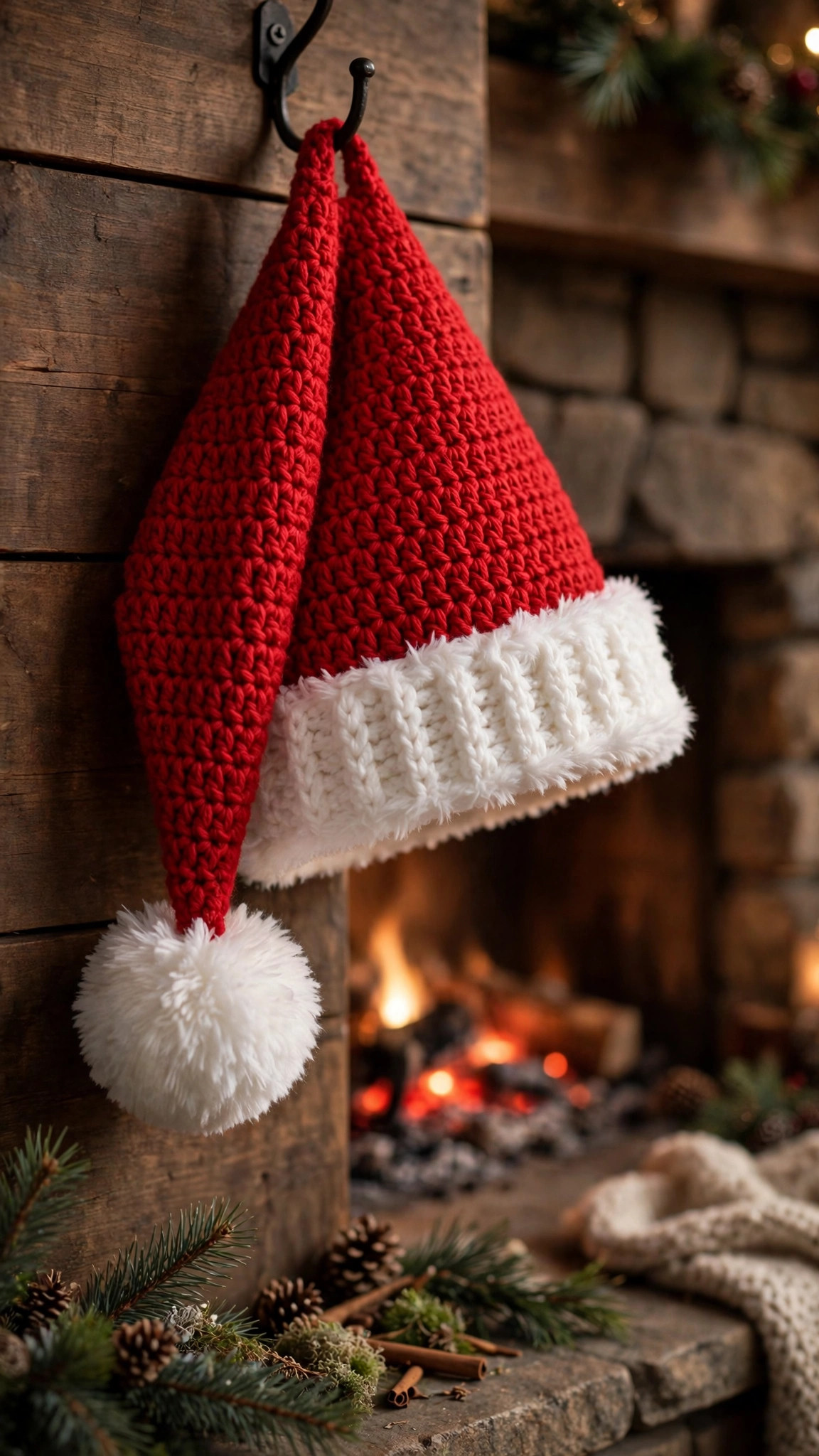 Free crochet Santa hat pattern — classic red crochet Santa hat with a fluffy white brim and white pompom hanging on a hook beside a fireplace