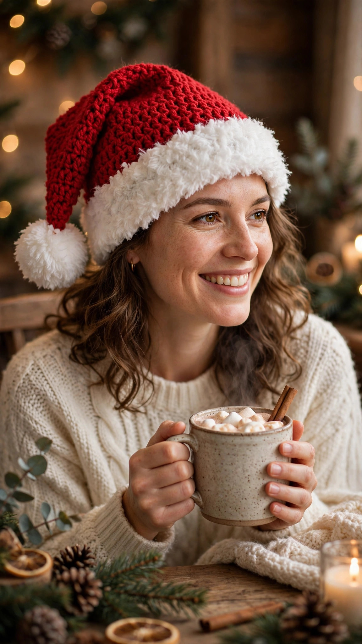 Smiling woman wearing a handmade red crochet Santa hat with a fluffy white brim and pompom, holding a mug of cocoa