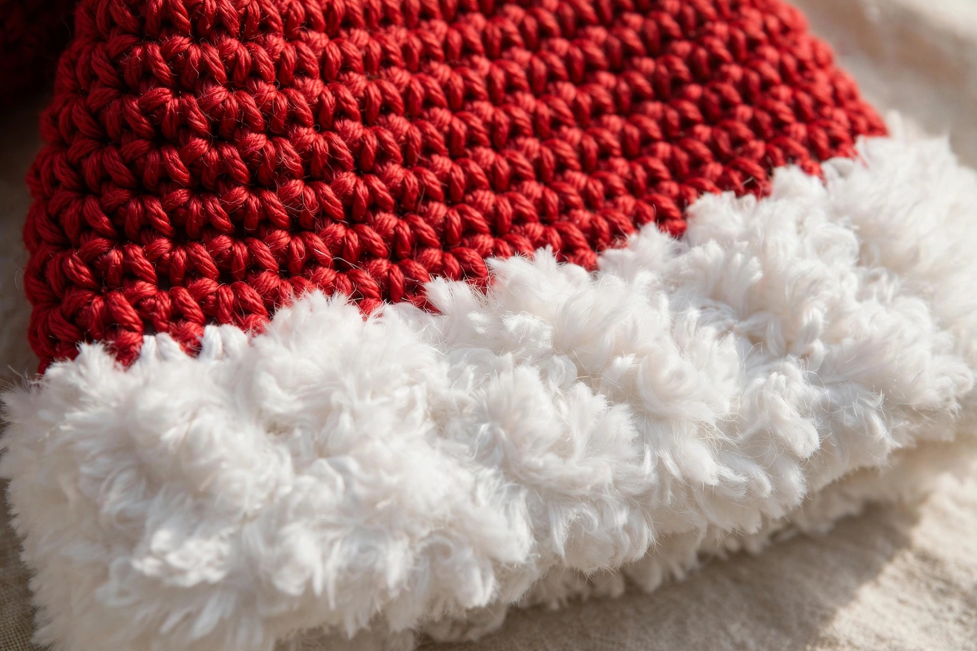 Close-up of the fluffy white brim texture and neat red half double crochet stitches on a handmade crochet Santa hat