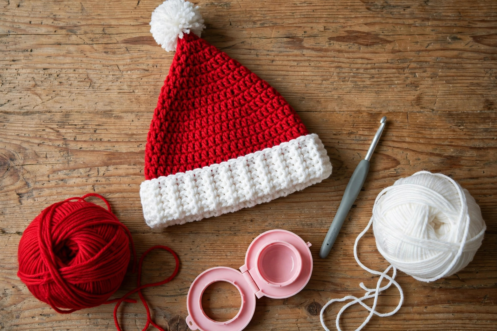Flat lay of a finished crochet Santa hat with balls of red and white yarn, a crochet hook and a pompom maker