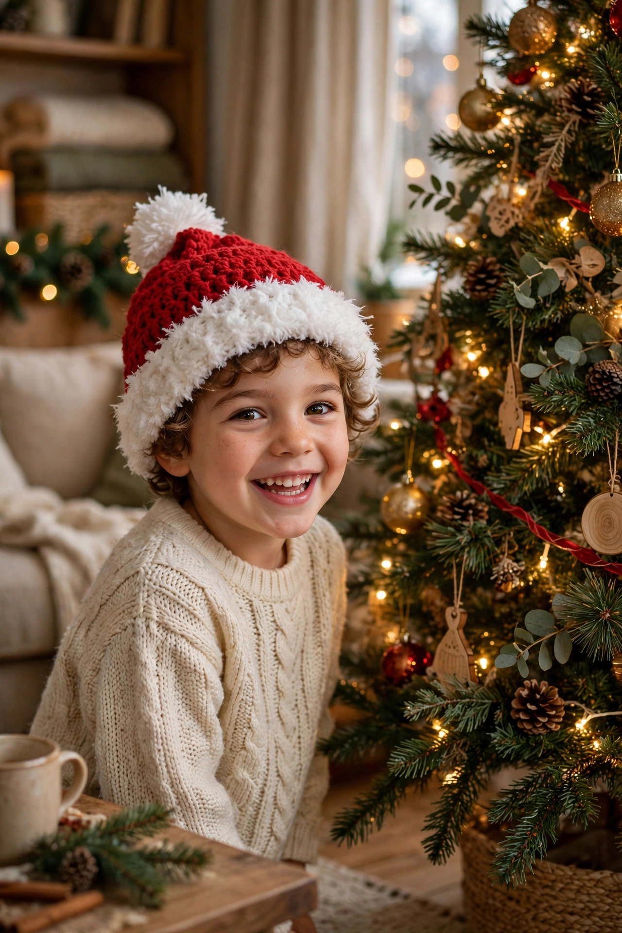 Child wearing a handmade crochet Santa hat with a fluffy white brim and pompom beside a decorated Christmas tree