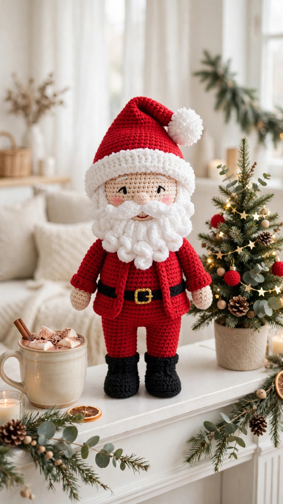 Crochet Santa doll with a fluffy white beard and gold belt buckle on a white mantelpiece beside a small Christmas tree and a mug of cocoa