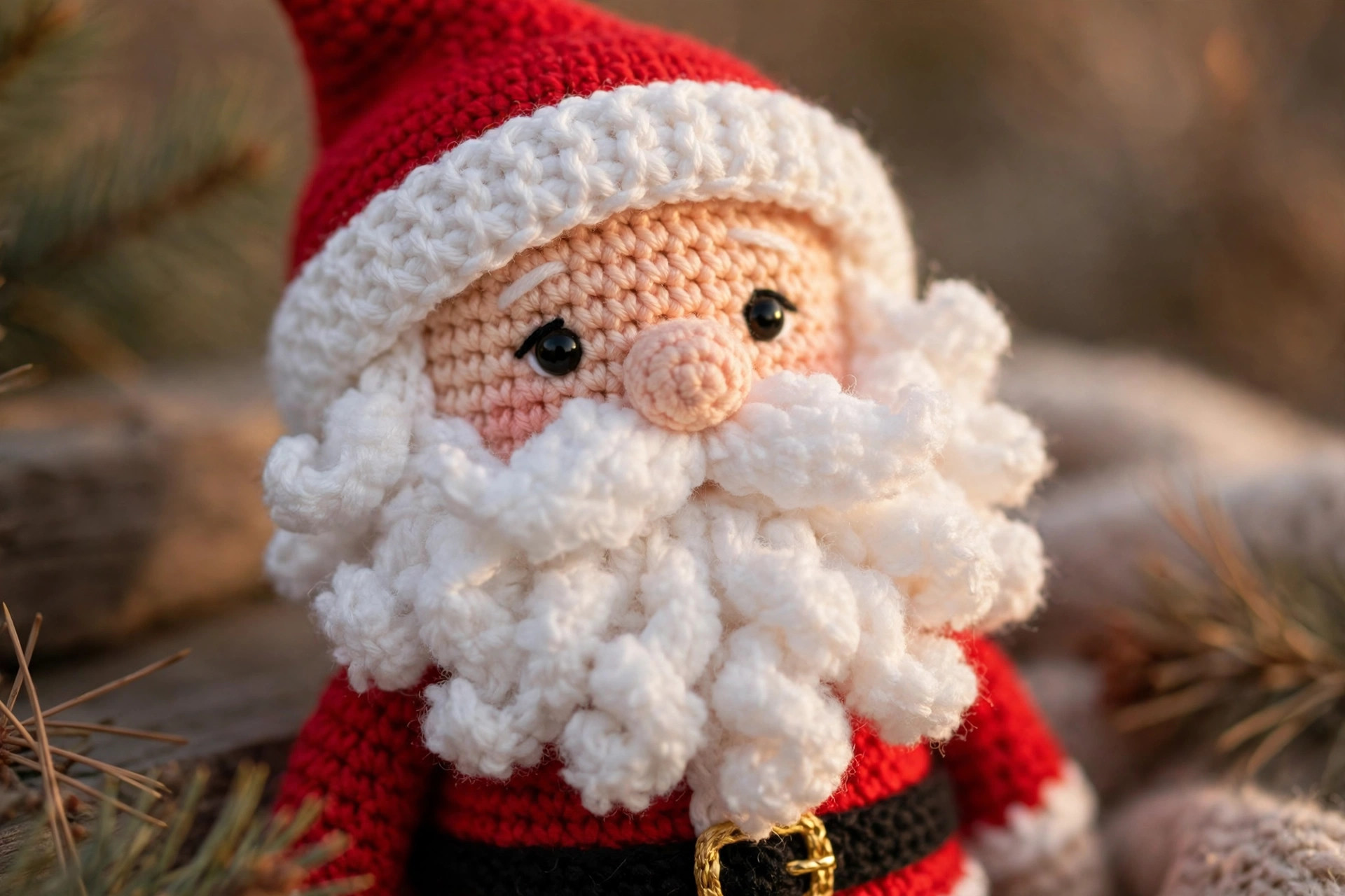 Close-up of a crochet Santa doll's face with a fluffy white beard, black safety eyes, peach nose and red hat with a white brim
