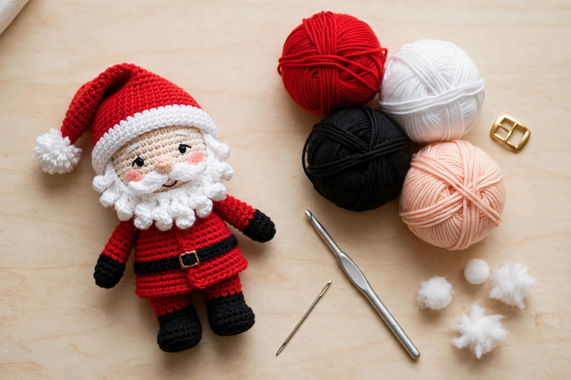 Flat lay of a finished crochet Santa doll beside balls of red, white, black and peach yarn, a crochet hook, a yarn needle and a gold buckle