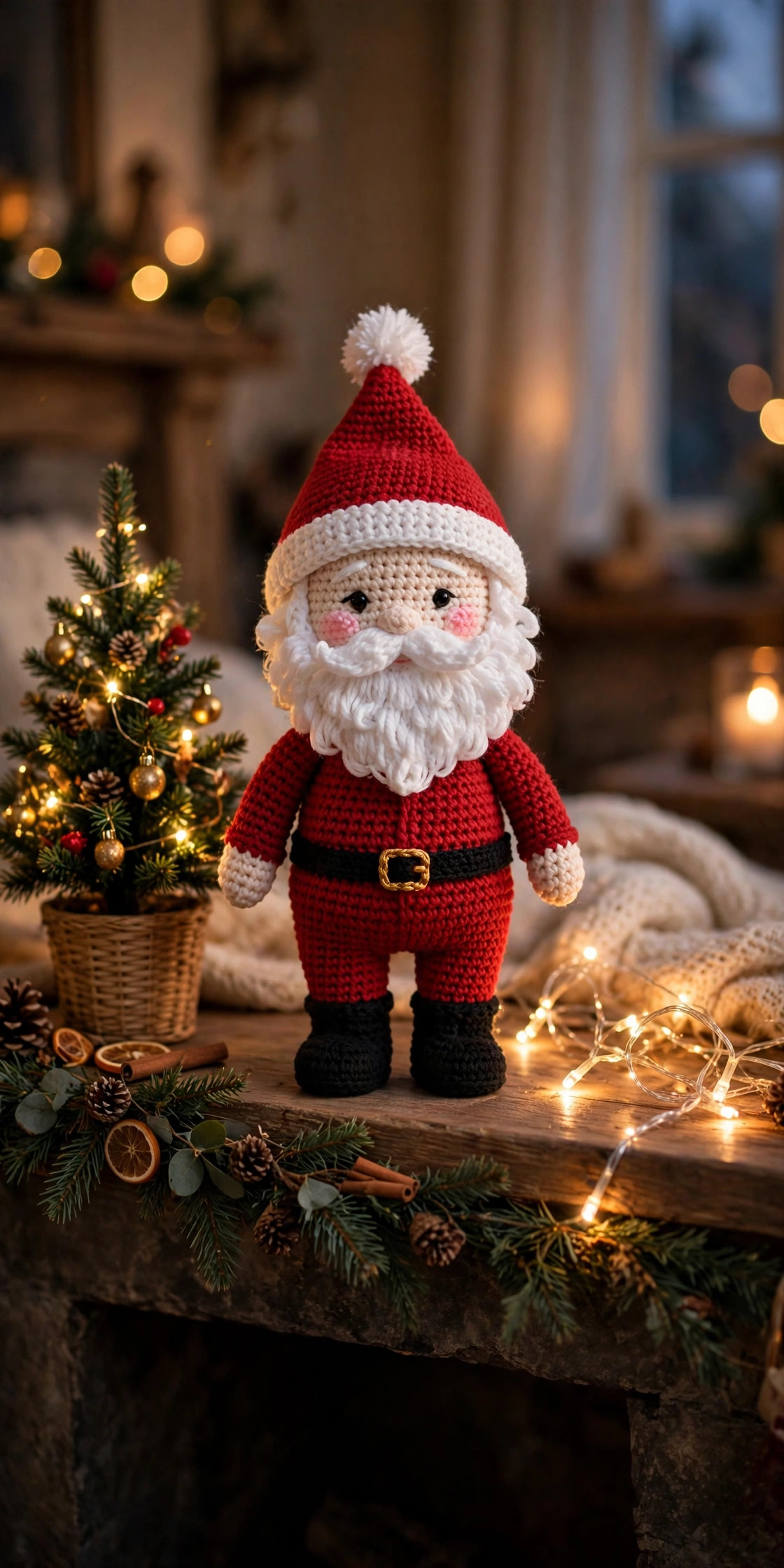 Crochet Santa Claus doll standing on a fireplace mantel beside a small decorated Christmas tree, fairy lights and a pine garland