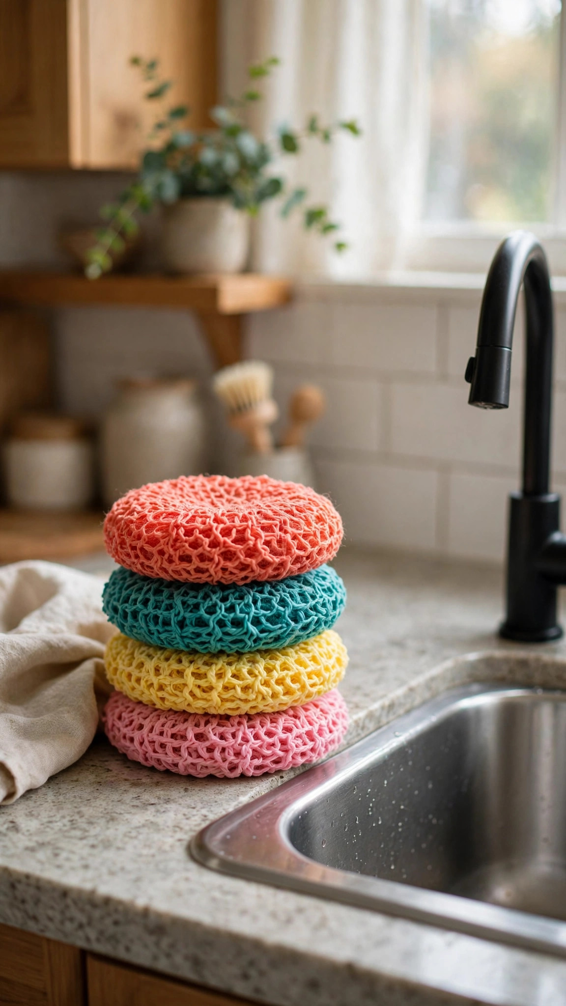 Free crochet scrubby patterns — stack of colourful round crochet tulle scrubbies in coral, teal, yellow and pink beside a kitchen sink