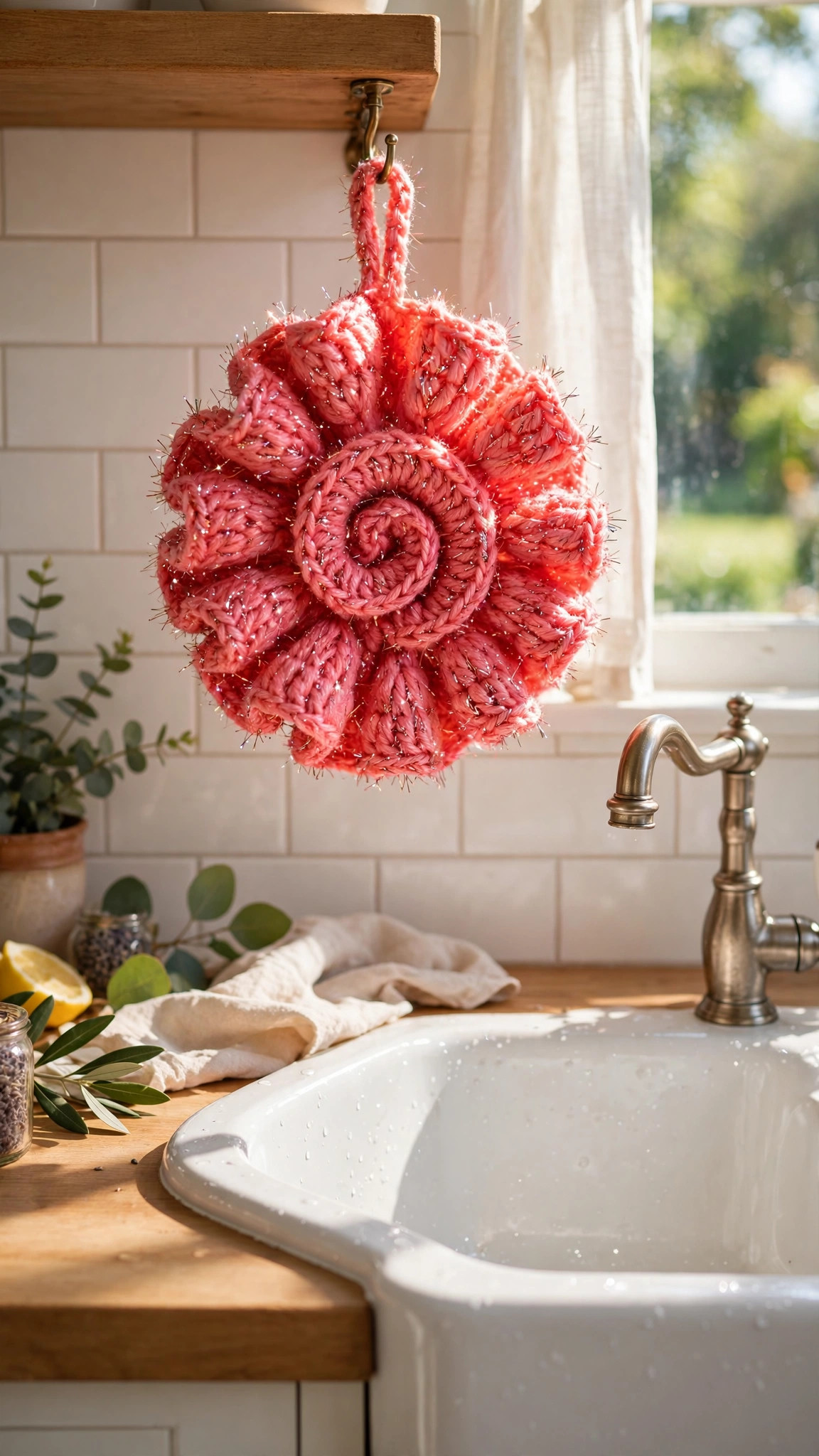 Bright spiral crochet scrubby in sparkly scrubby yarn hanging by its loop beside a farmhouse kitchen sink