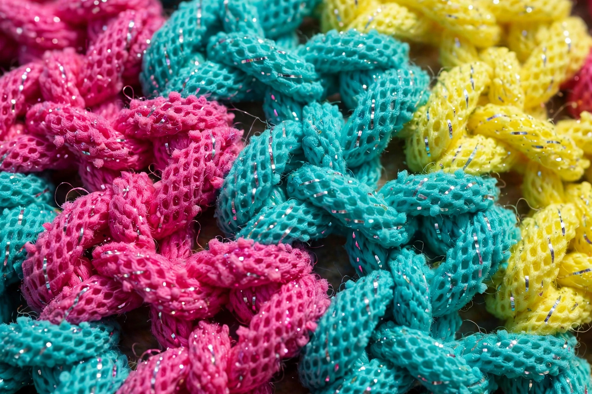 Extreme close-up of sparkly scrubby yarn showing its rough textured crochet stitches in bright colour