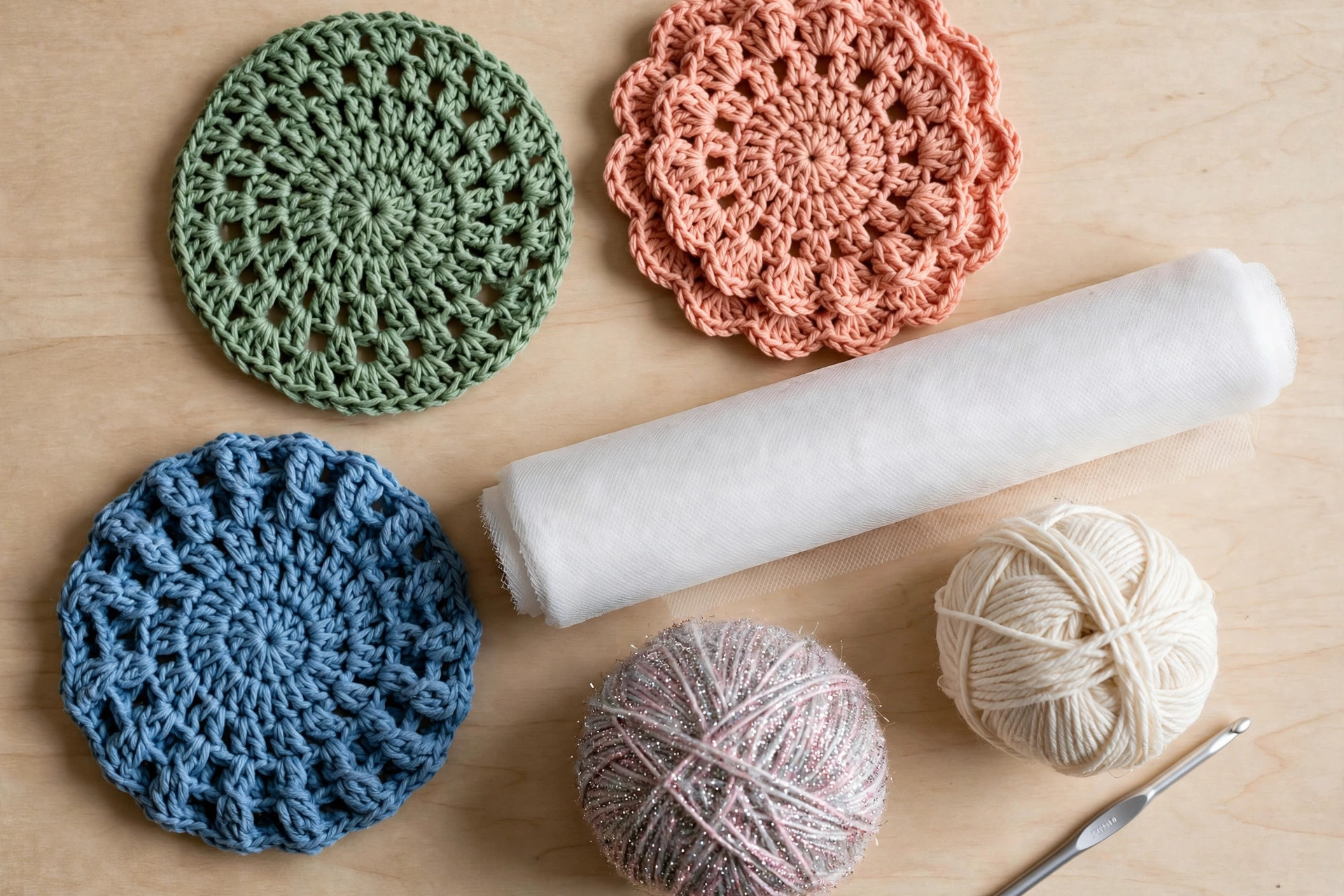 Flat lay of three finished crochet scrubbies with a roll of tulle netting, a ball of scrubby yarn, a ball of cotton yarn and a crochet hook