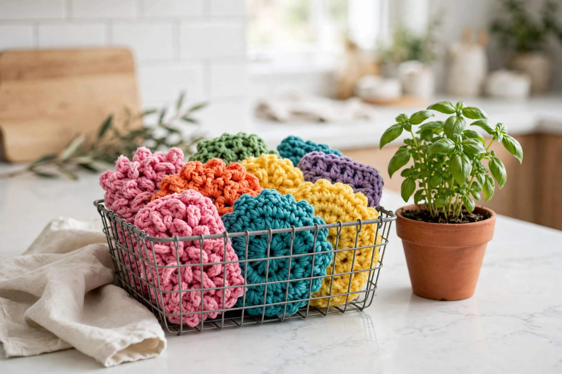 Colourful crochet scrubbies styled in a wire basket with a small potted herb on a bright kitchen counter