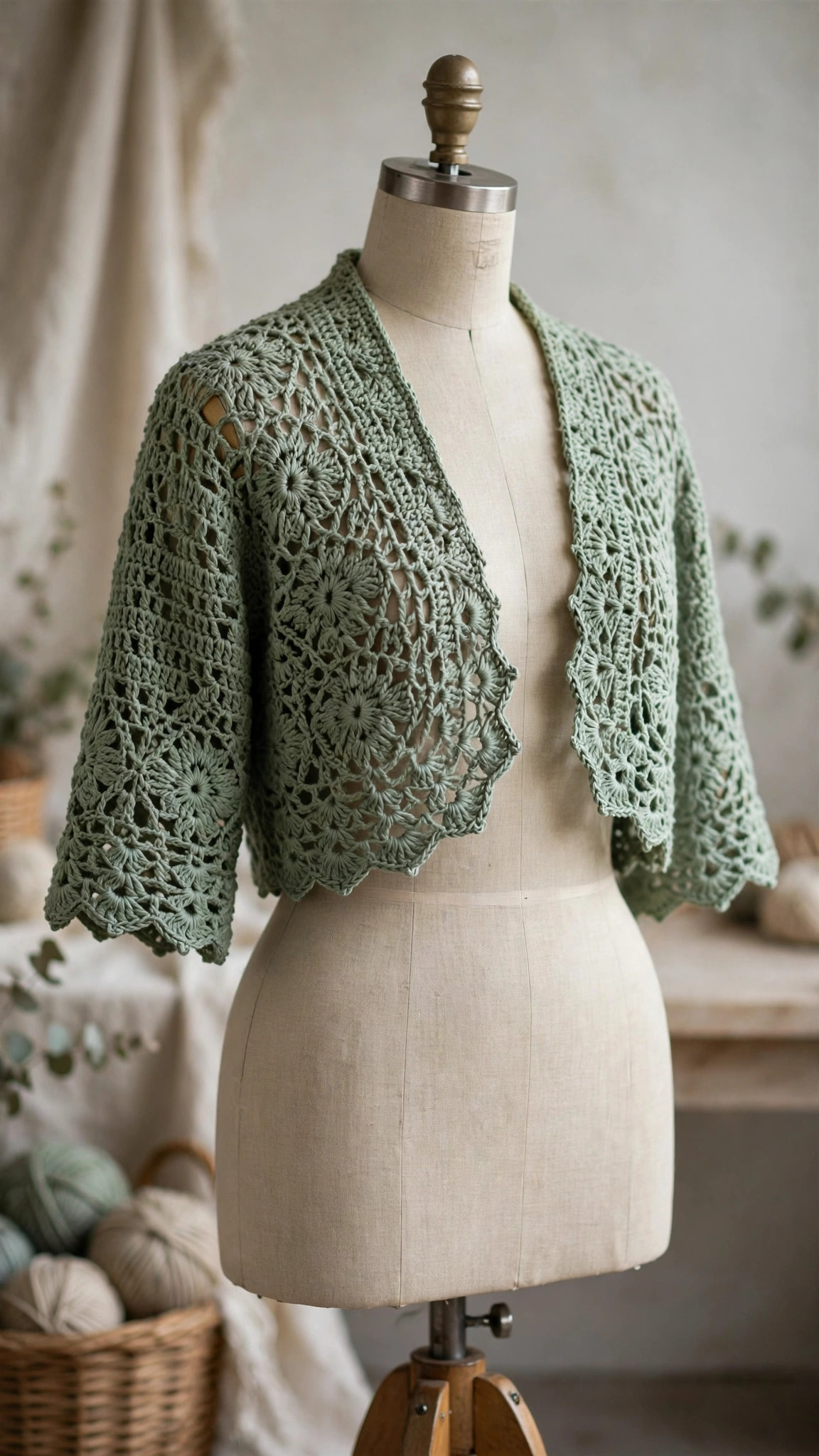 Sage-green crochet bolero shrug with lacy V-stitch and scalloped edges displayed on a dress form
