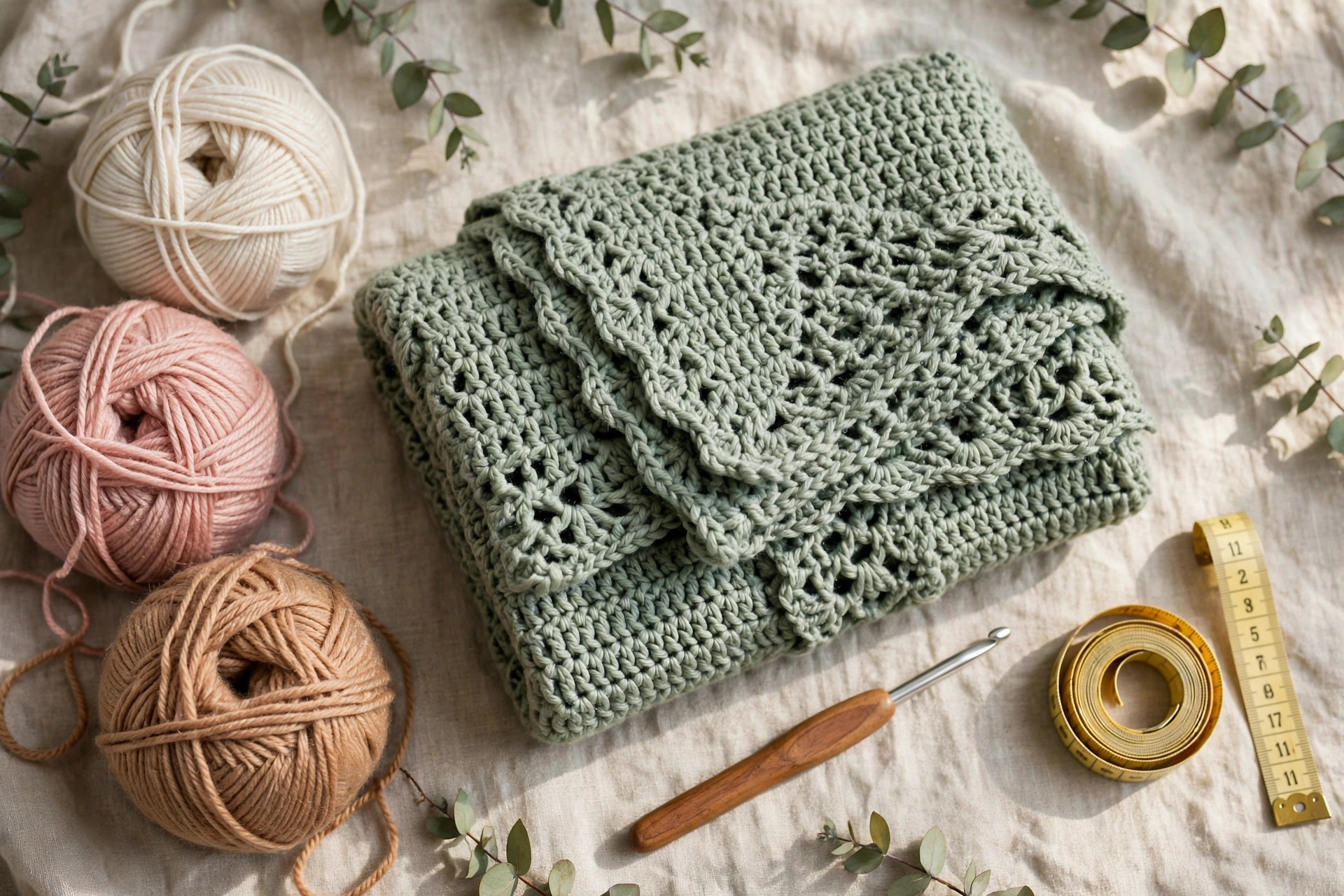 Flat lay of a folded crochet shrug with balls of yarn, a crochet hook and a measuring tape