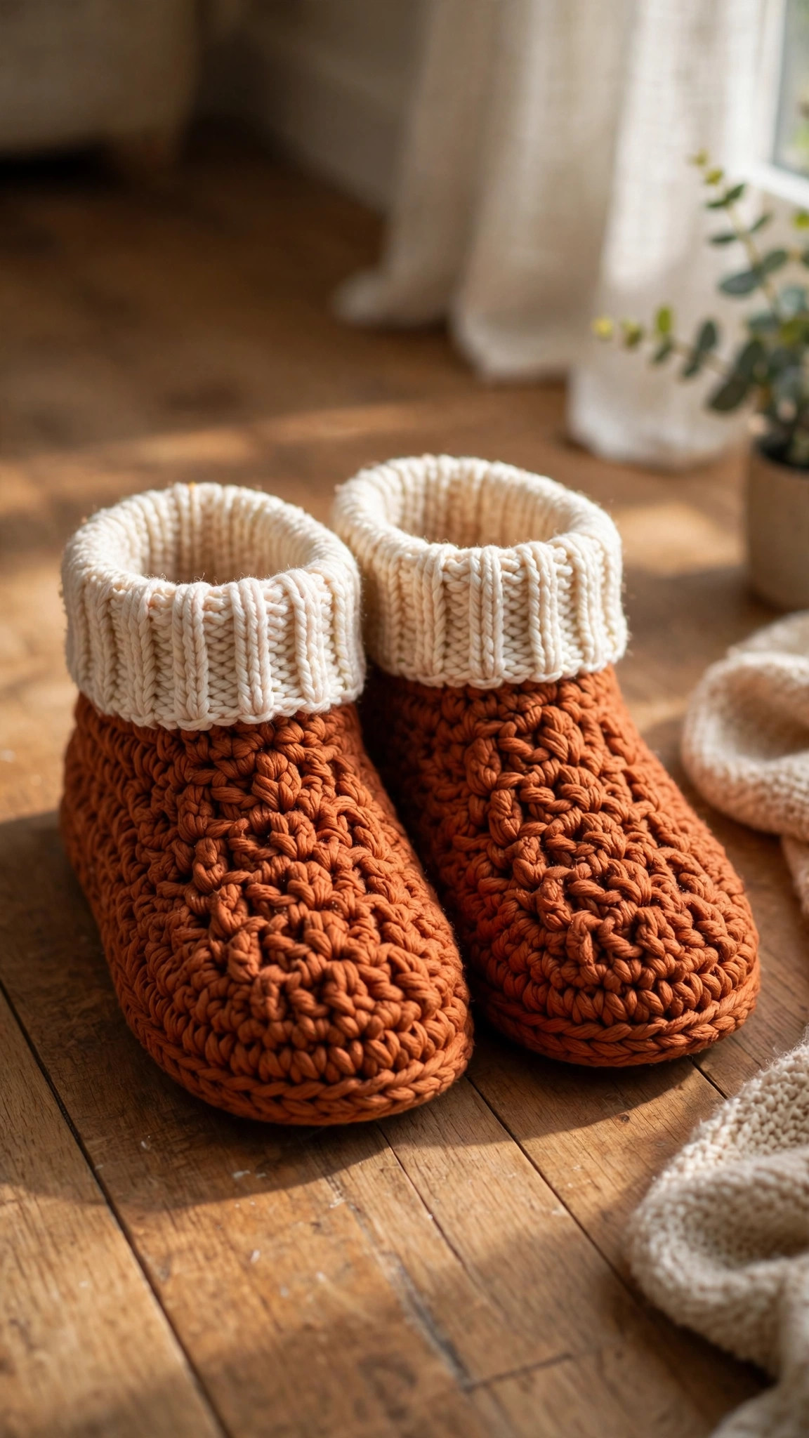 Free crochet slipper patterns — pair of chunky rust-orange crochet house slippers with cream ribbed cuffs on a wooden floor