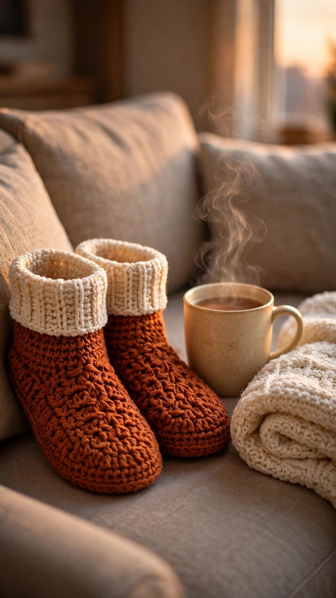 Cosy crochet slippers with cream cuffs beside a mug of tea and a knitted blanket on a sofa