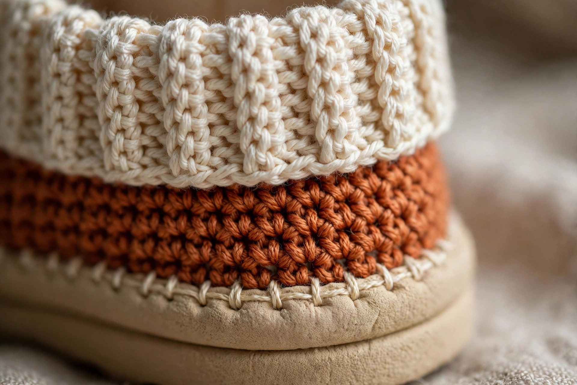 Close-up of a crochet slipper showing a cream ribbed cuff worked in front-post and back-post stitches and neat sole stitching