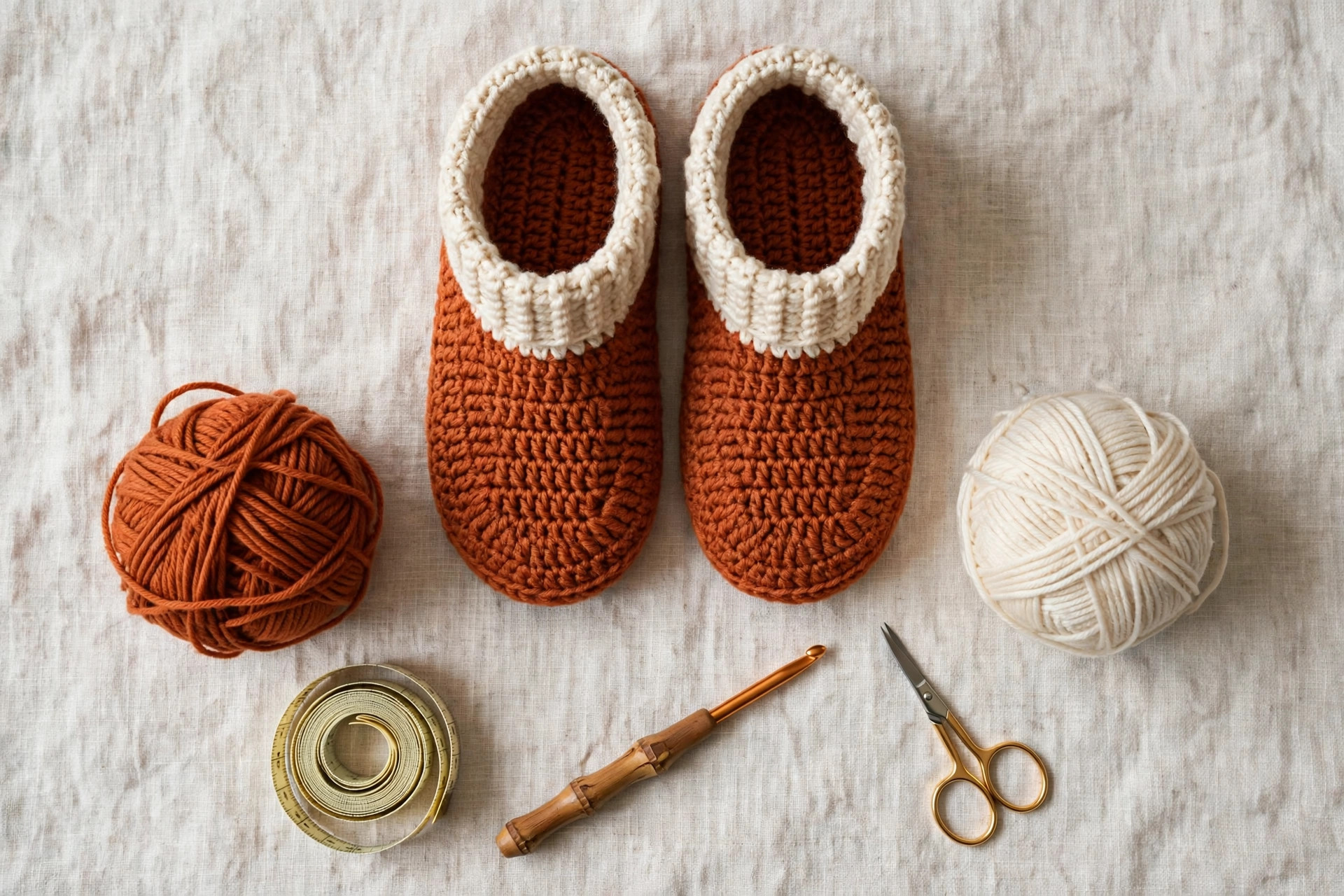 Flat lay of finished crochet slippers with two balls of yarn, a crochet hook, scissors and a measuring tape