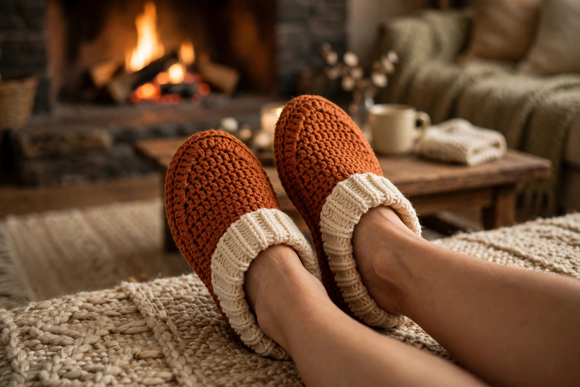 Feet wearing rust-orange crochet slippers with cream cuffs on a woven rug by a fireplace