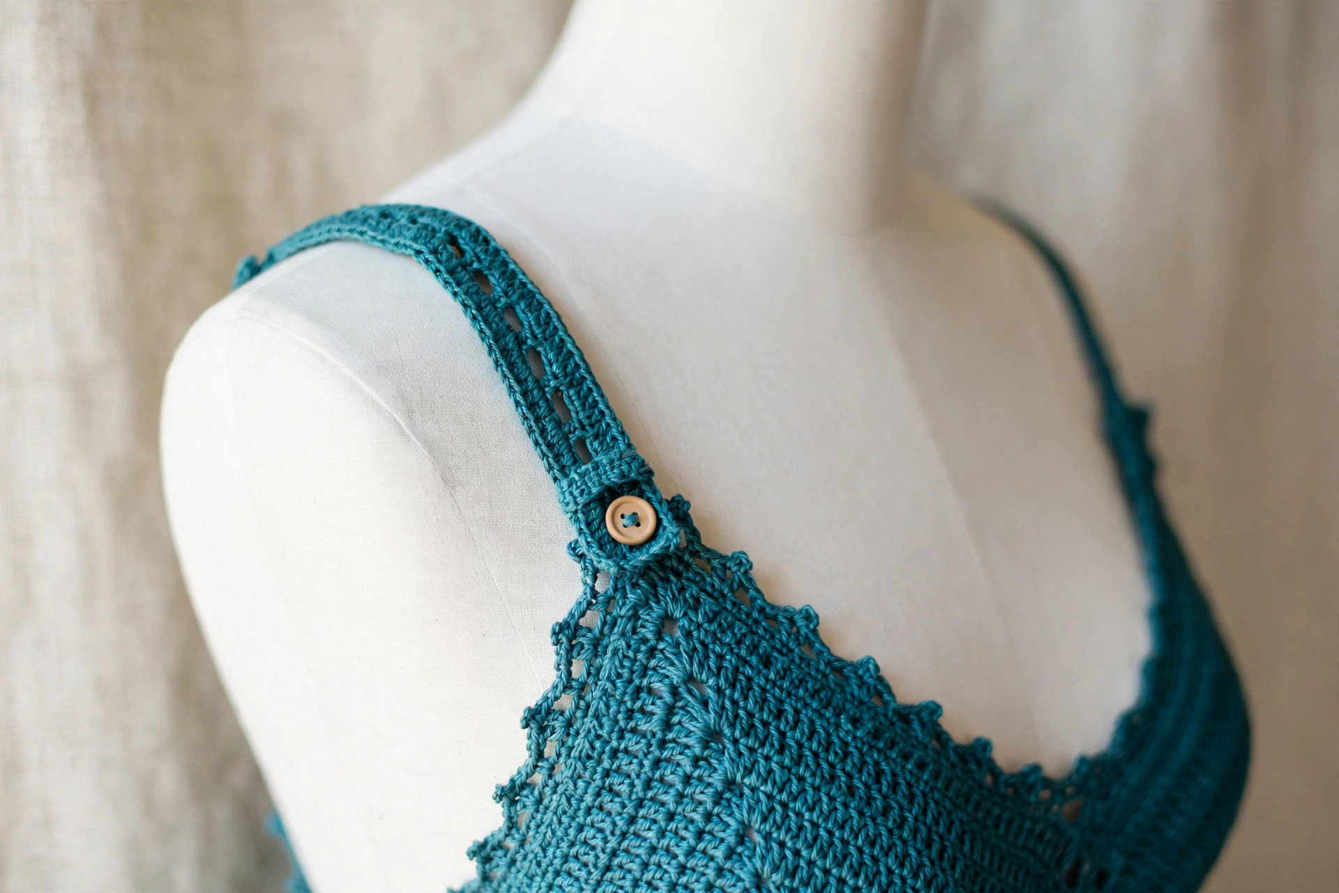 Close-up of a crochet swimsuit shoulder showing the adjustable strap with buttonholes fastened over a small button at the back neckline