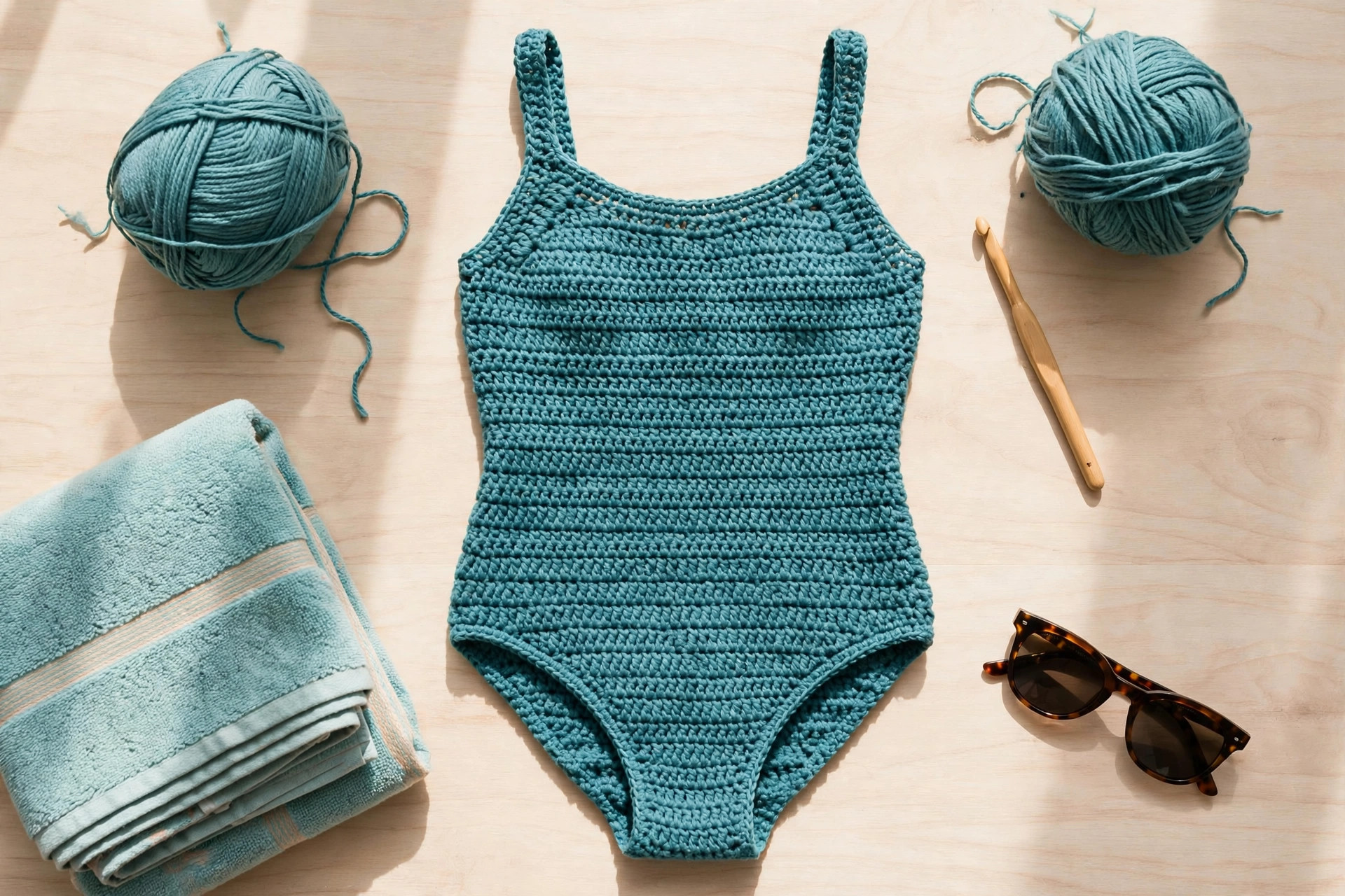 Overhead flat lay of a finished teal crochet swimsuit with balls of cotton-blend yarn, a crochet hook, sunglasses and a folded beach towel