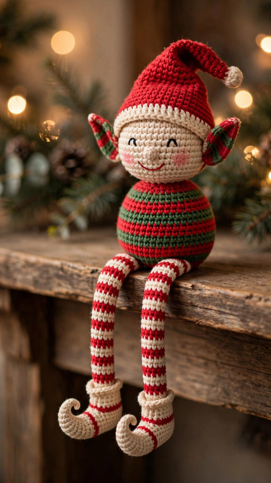Free elf crochet pattern — shelf-sitter Christmas elf with dangling striped legs, tall floppy hat and rosy cheeks sitting on a wooden shelf