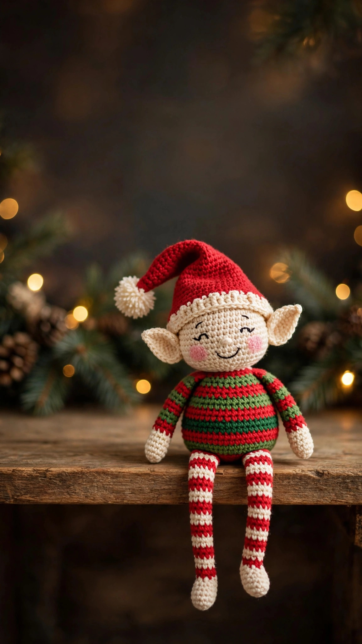Crochet Christmas shelf-sitter elf with striped dangling legs, round festive body and tall pointed hat sitting on a shelf — free elf crochet pattern