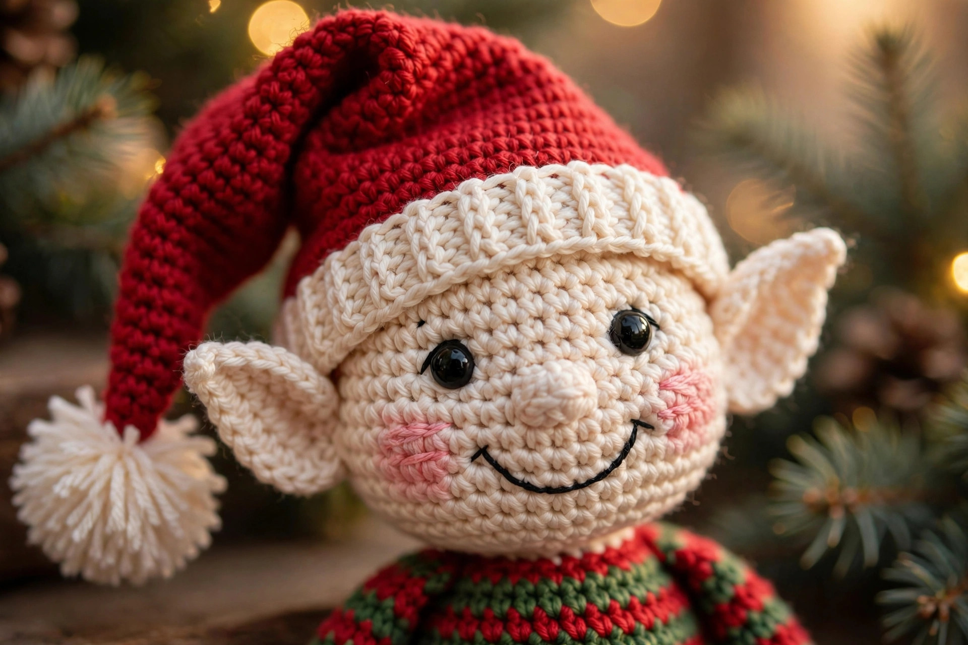 Close-up of crochet elf face with embroidered rosy cheeks, pointy crocheted ear and tall floppy pointed hat — free elf crochet pattern