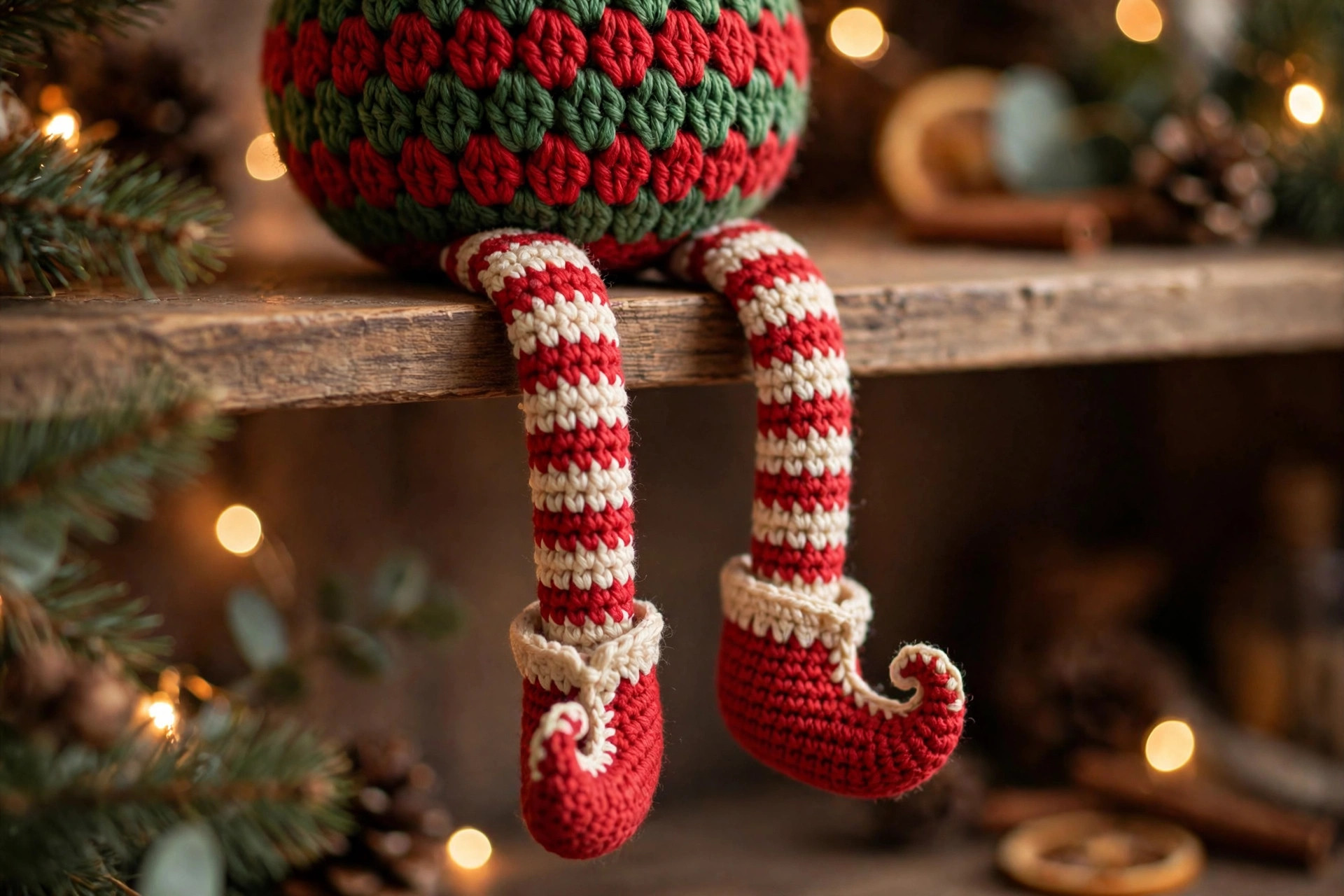 Close-up of a crochet elf's long striped red-and-cream legs dangling over a shelf edge with red shoes — free elf crochet pattern