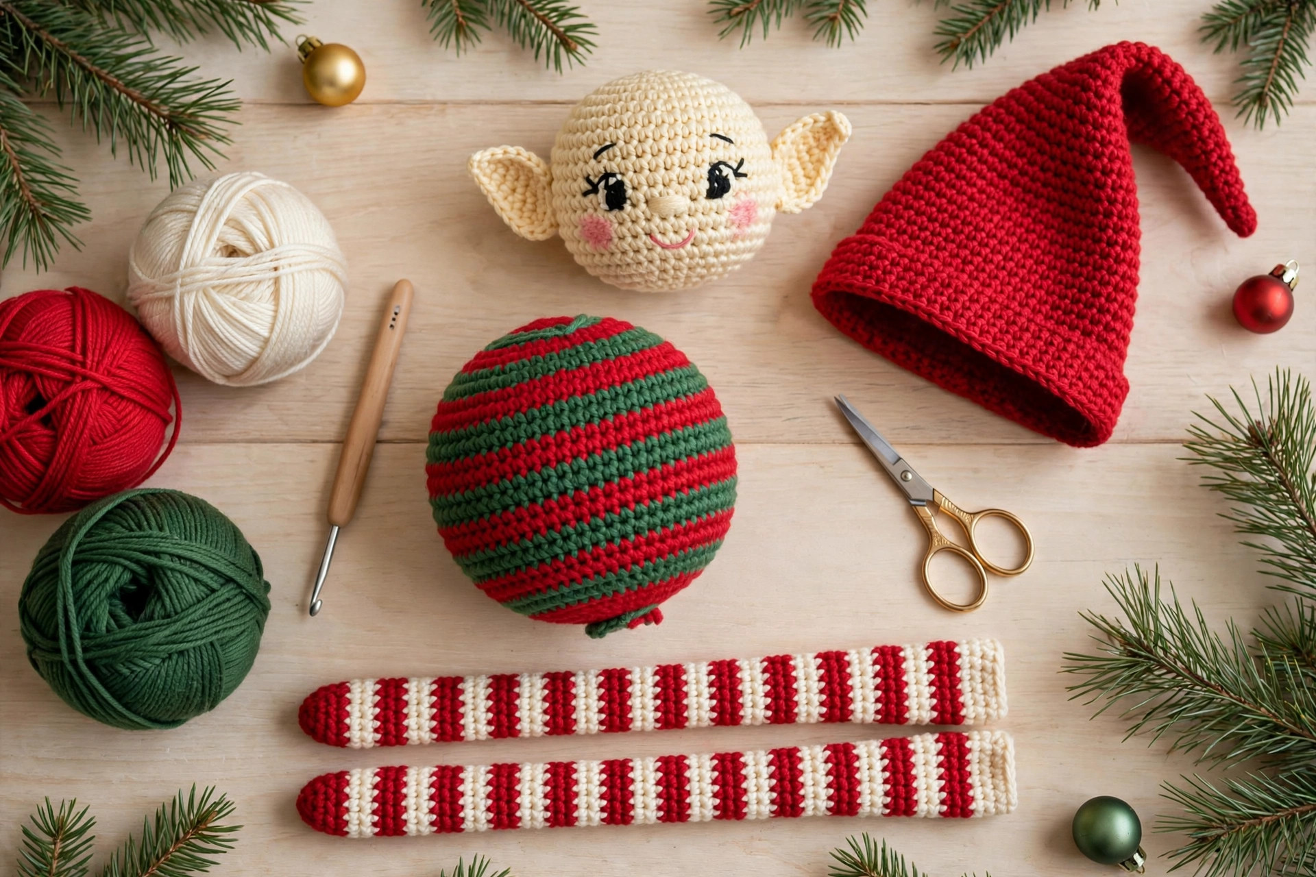 Crochet elf pieces and festive yarn laid out in a flat lay before assembly — body, head, hat, striped legs and ears