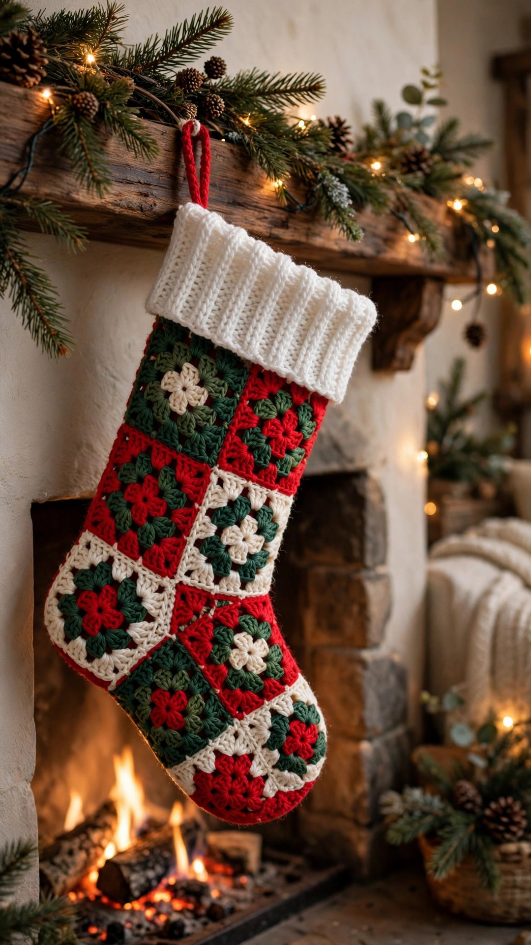 Free granny square Christmas stocking pattern — handmade red, green and cream granny square stocking with a white ribbed cuff hanging from a wooden mantel beside a lit fireplace
